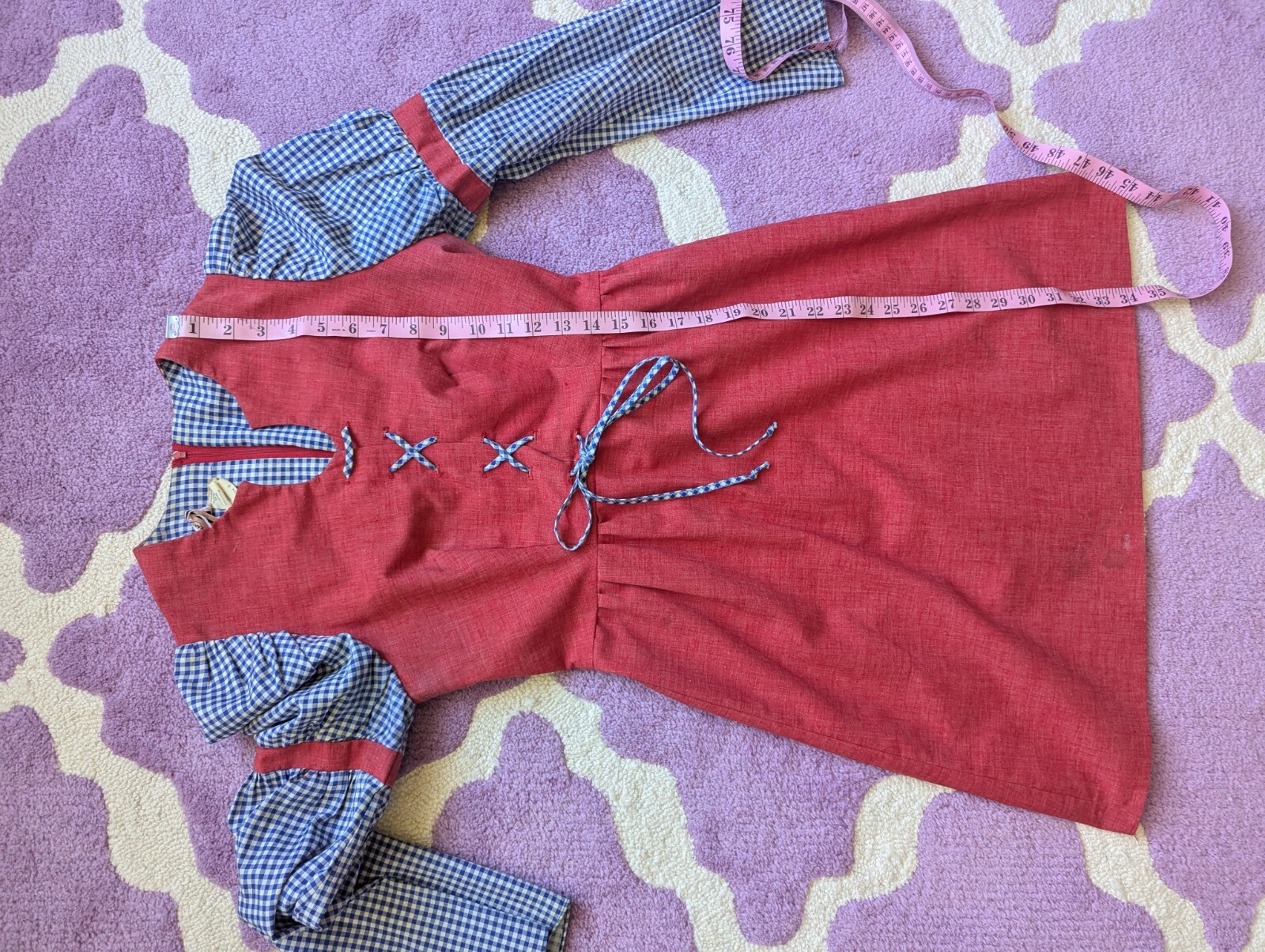 Vintage 70’s ED Juniors Red Blue Gingham Puff Juliet Sleeves Mini Dress Size XS