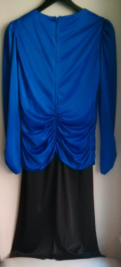 Vintage Blue and Black Jersey with black sequin applique 80″s dress Made in USA