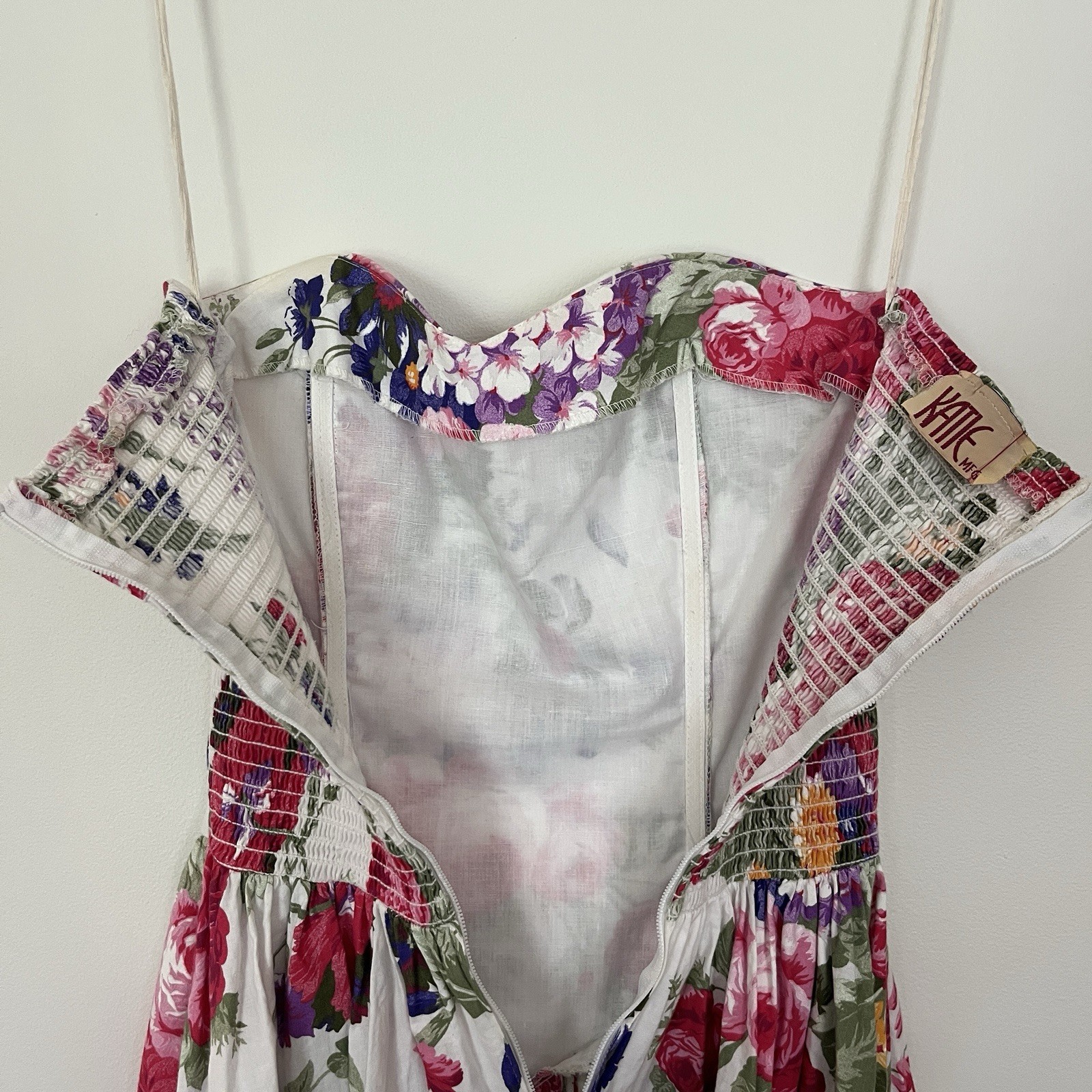 Vintage 80s Strapless Basque Waist Floral Midi Dress with Pink & Purple Blooms