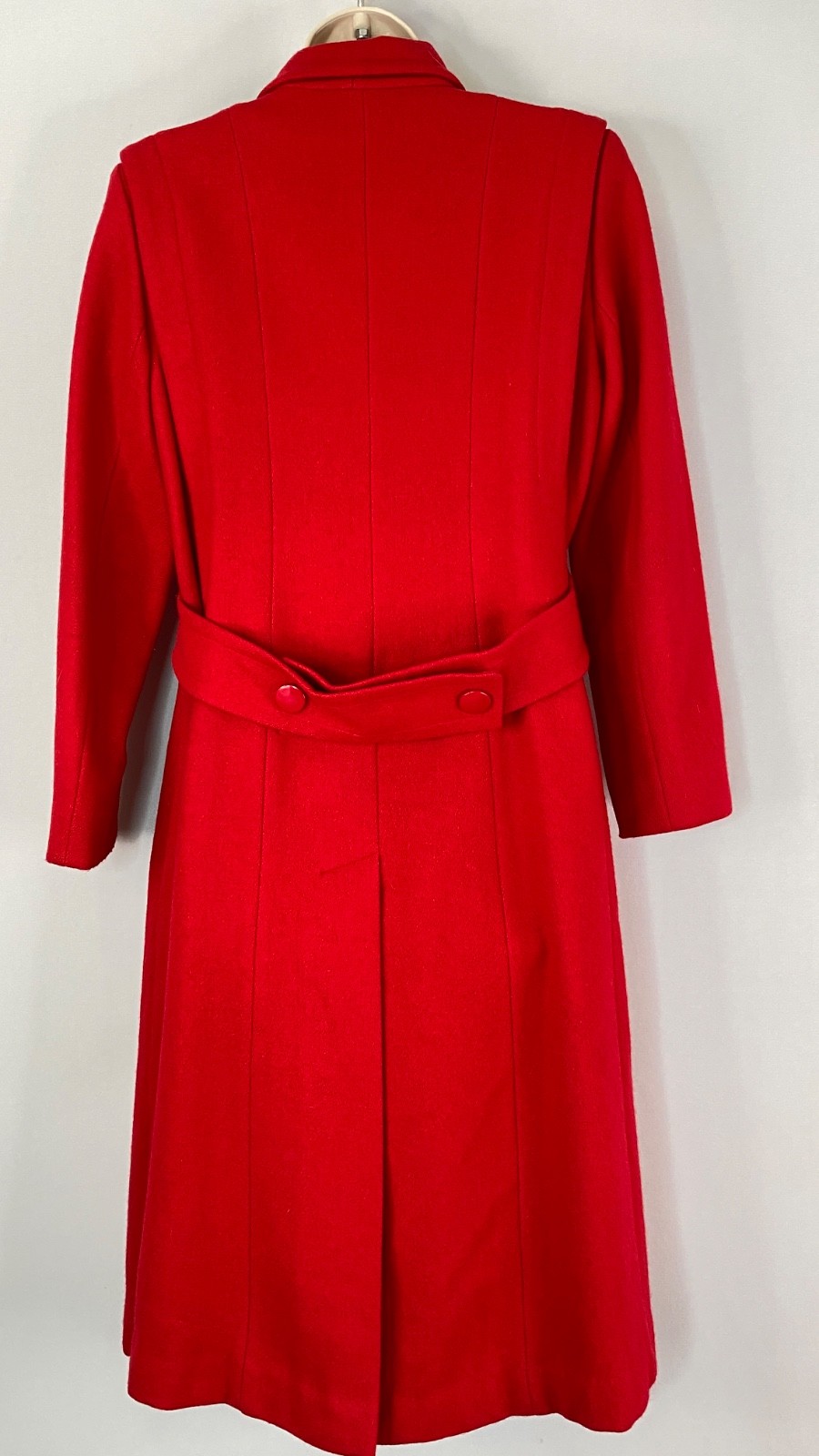 Vintage 1970s red wool trench coat jacket XS S long collar pea pockets JILL JR