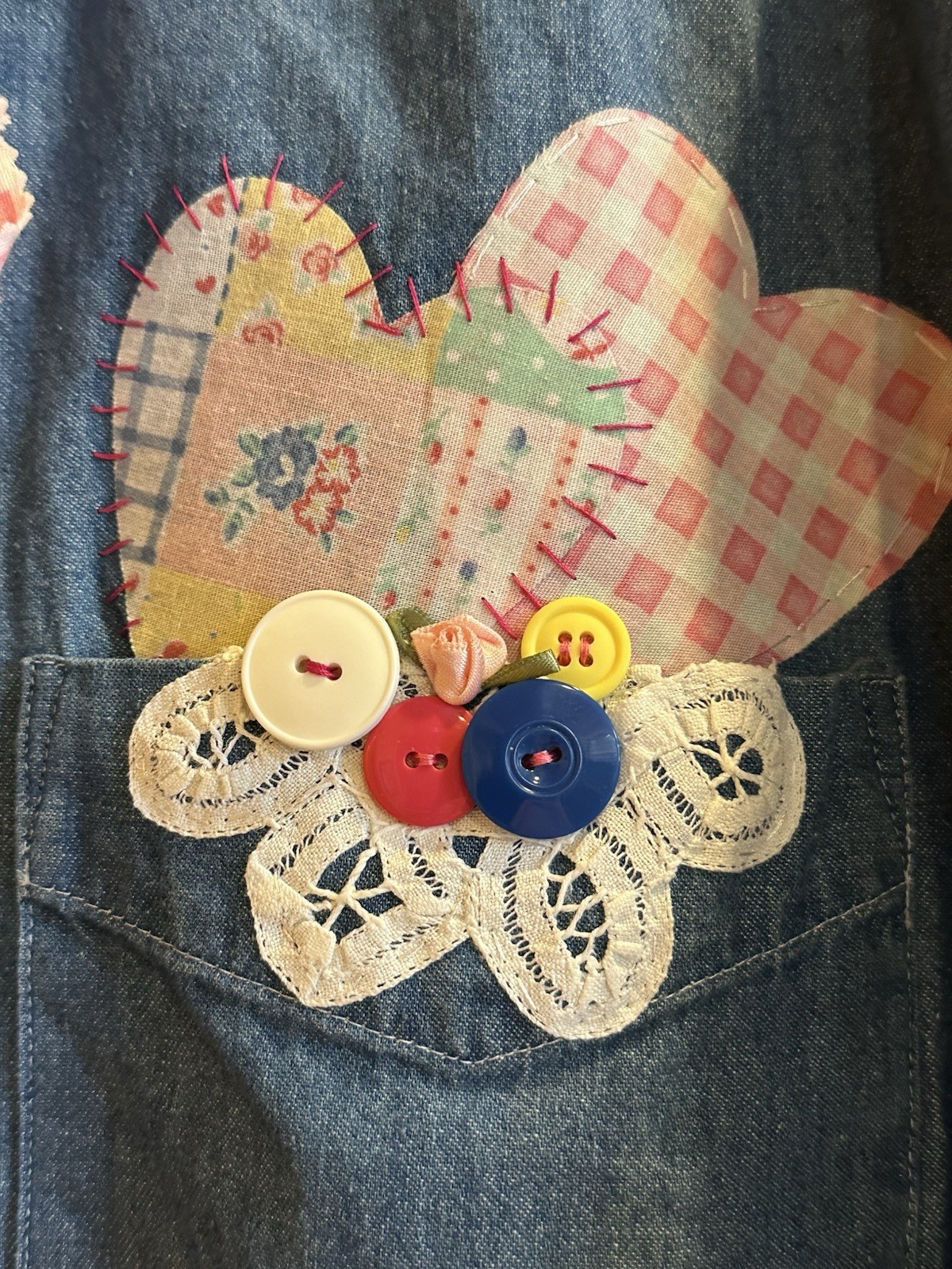 Vtg Western Country 90s Patchwork Denim Top Appliqué Hearts Buttons Lace Large