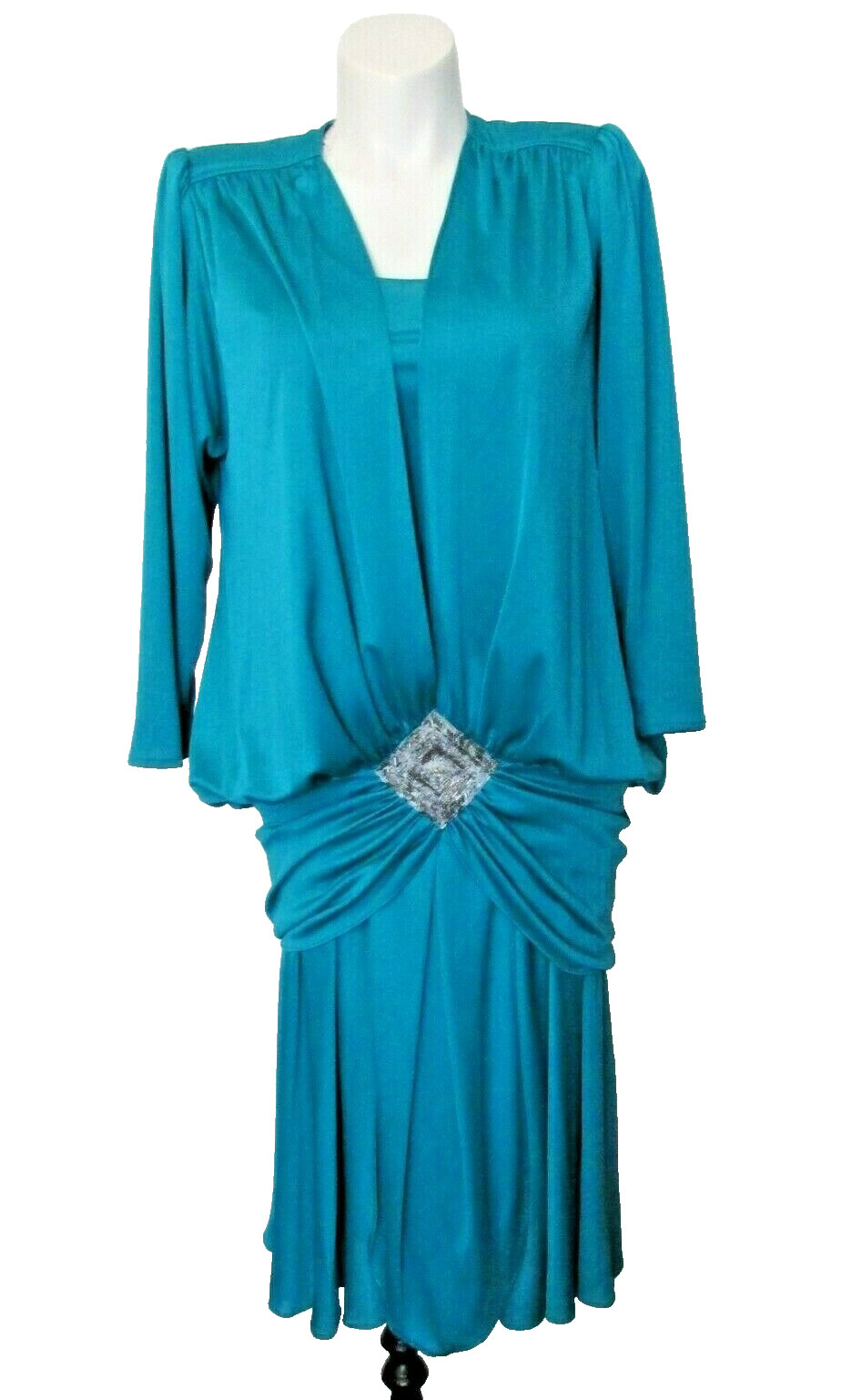 80’s Disco Era Jovani Emerald Green Beaded Applique Drop Waist Blouson Dress 10