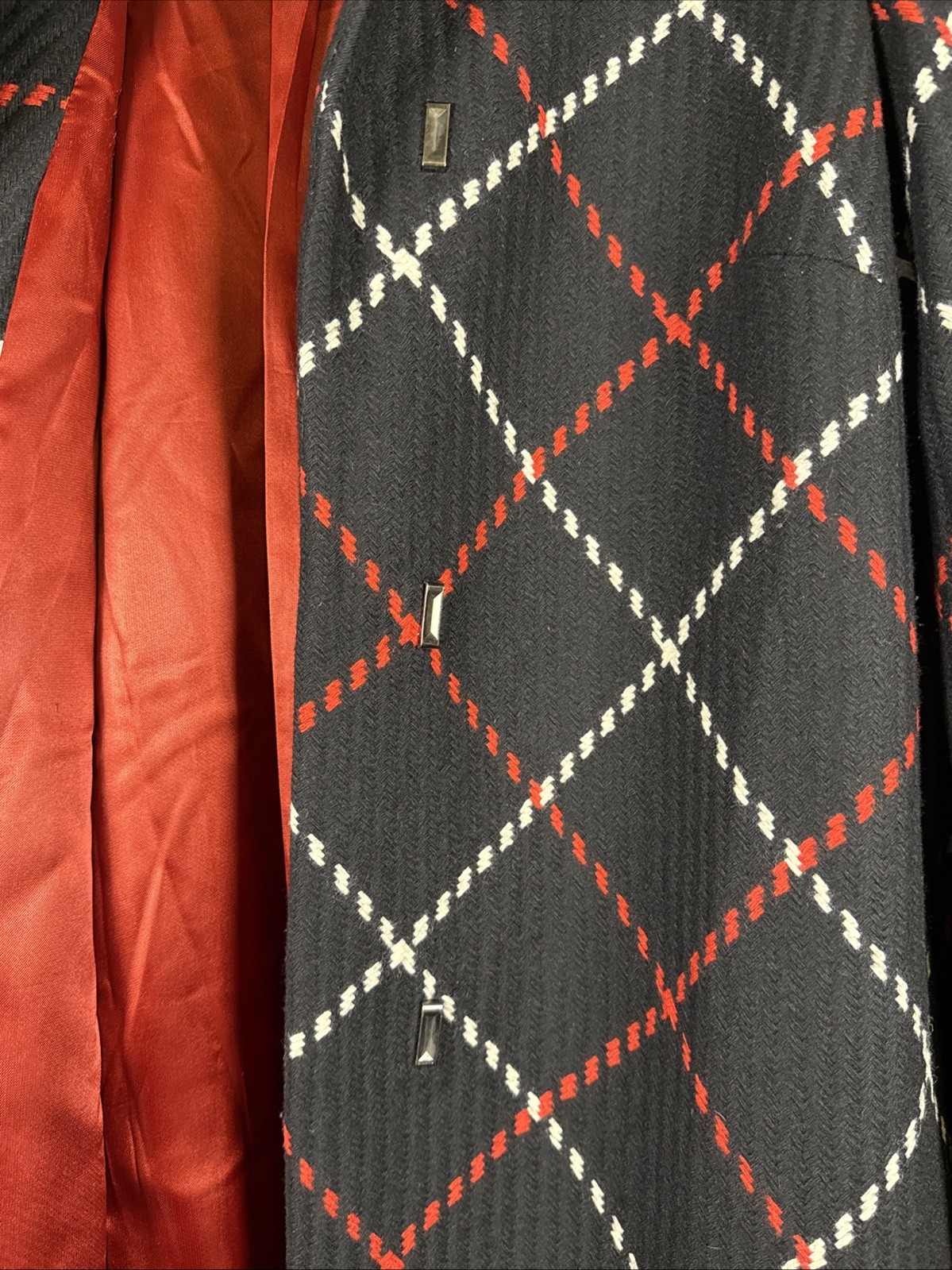 Vintage Lord & Taylor Identity Black Red White Diamond Wool Blend Coat Luxury 6