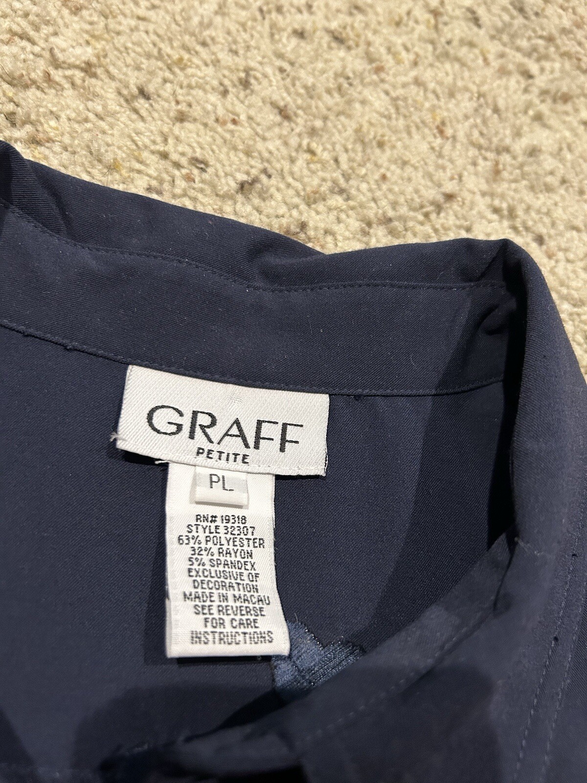VTG 80s 90s GRAFF size PL L PETITE Blouse shirt top EMBROIDERED NAVY BLUE Y24