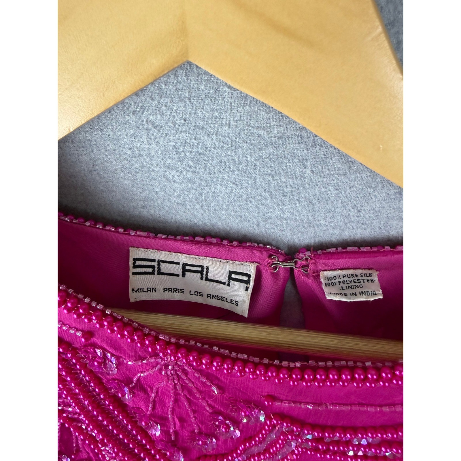 Vintage Scala Magenta Pink Beaded Silk 2 Piece Set Blouse Skirt Sequin Formal L