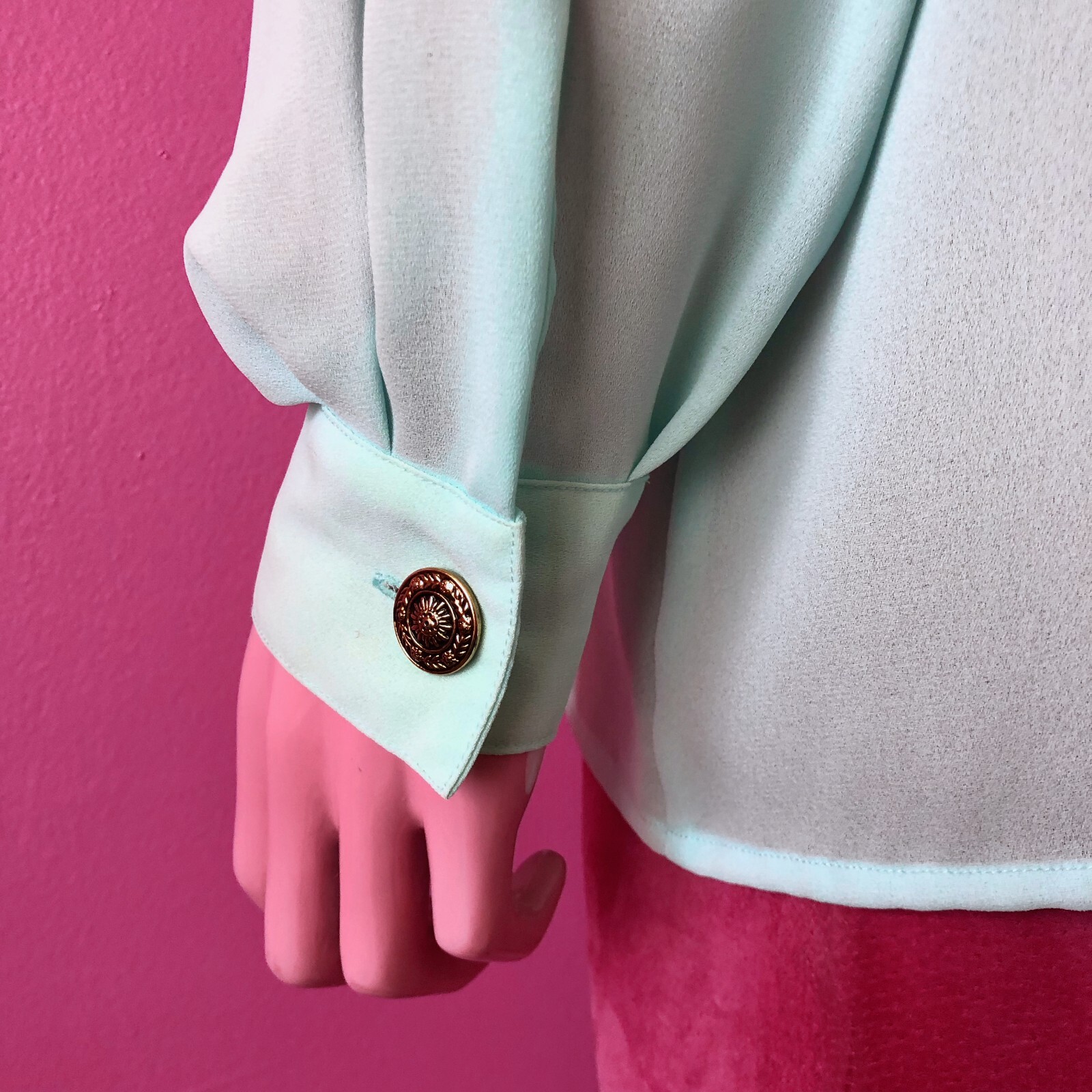 Vintage 80s M/L Chiffon Blouse Aqua Pastel Bill Blass Pleat Gold Button Down Top