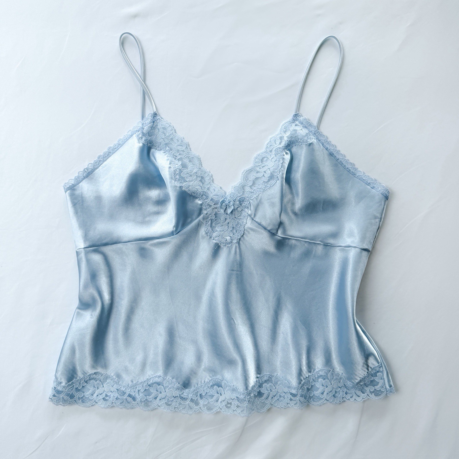 Vintage 80s Body Chic Light Blue Satin Tank Top Size L Coquette Balletcore Cami