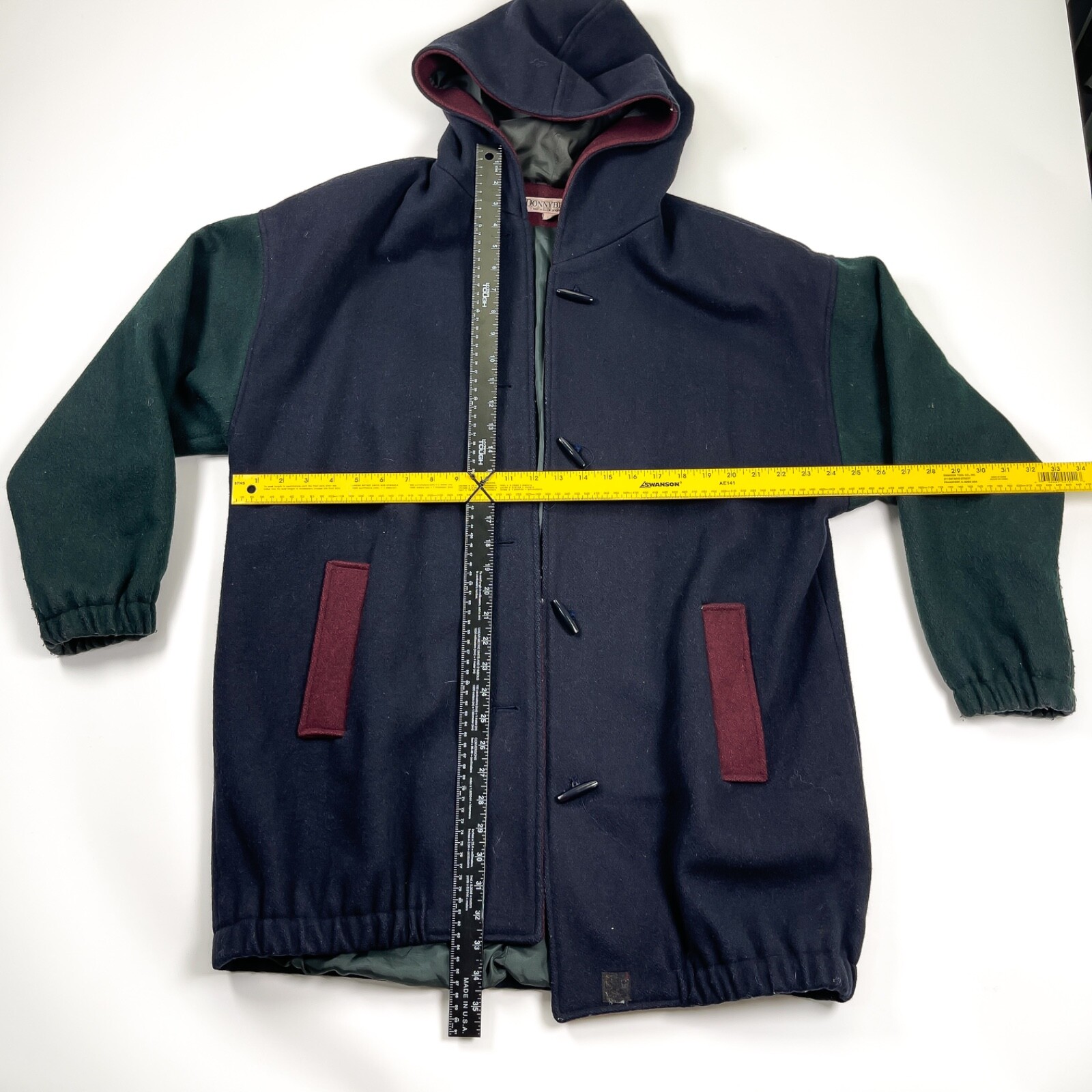 Vintage DonnyBrook Wool Coat Color block Jacket 90s Green Blue Red Hooded USA 14