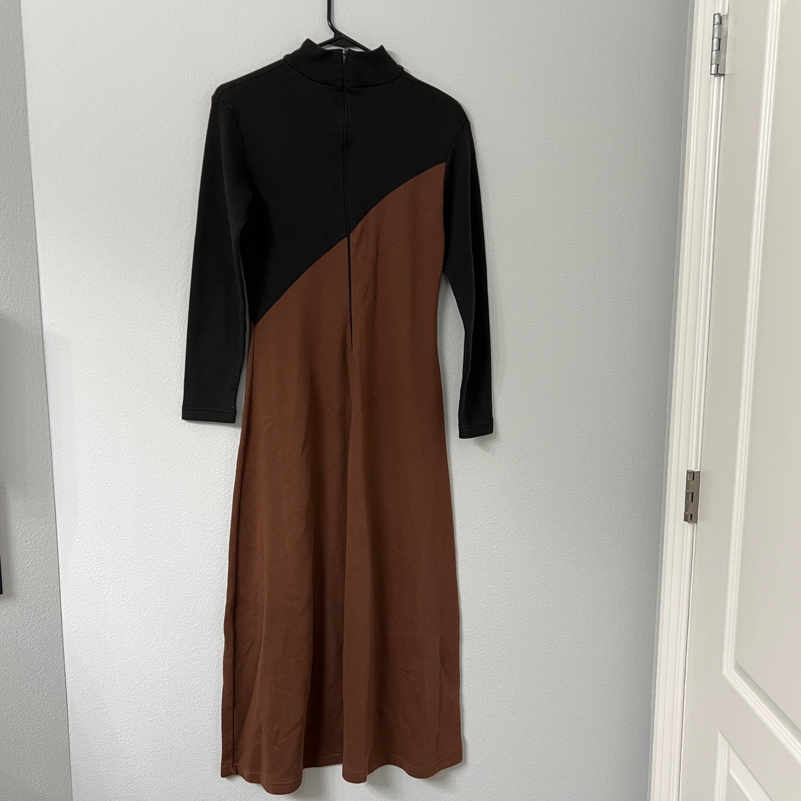 Vintage 90s Stylework Brown Black Colorblock Midi Dress Mock Neck Mod Minimalist