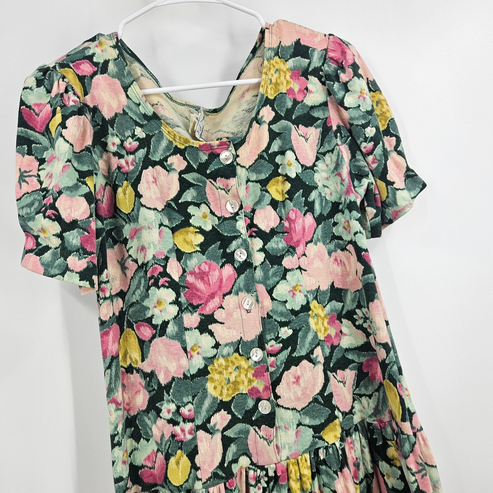 Vintage EXPO y2k 90’s Dress Green Pink Floral Grunge Button Front Midi Size 10