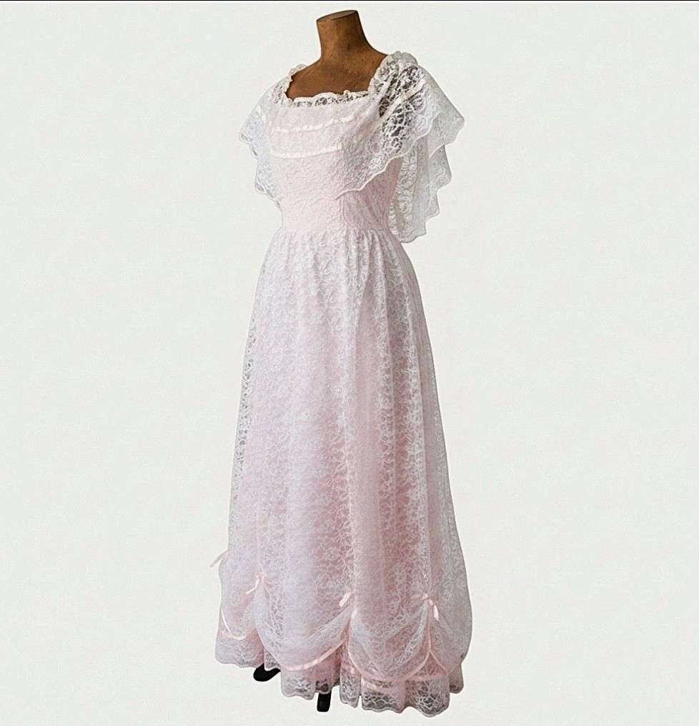 Vintage Union Made Lace Dress Gown Pink White Bows Victorian Prairie 70s 80s