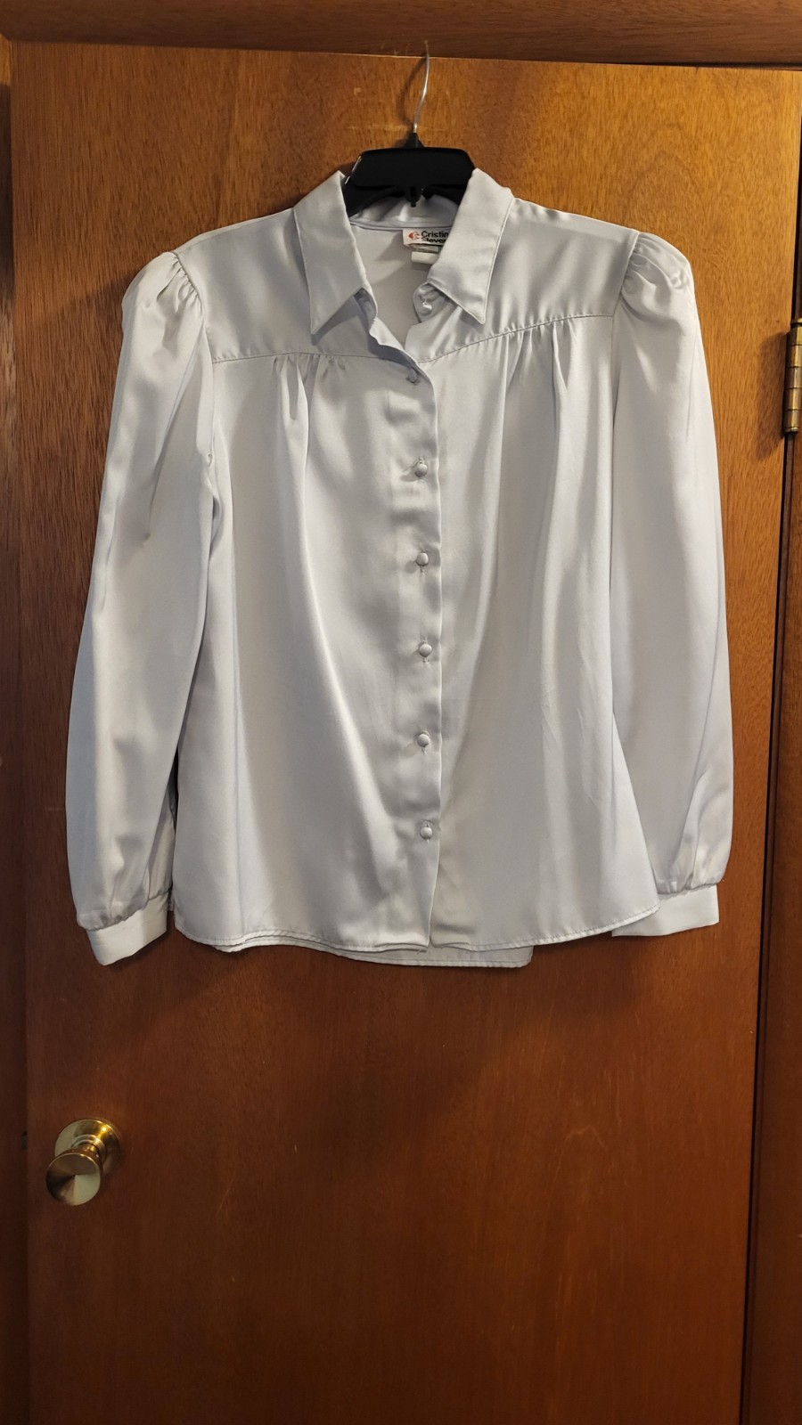 Vtg Cristin Stevens Blouse Gray Silky Long Sleeves Button Up 46″ Bust