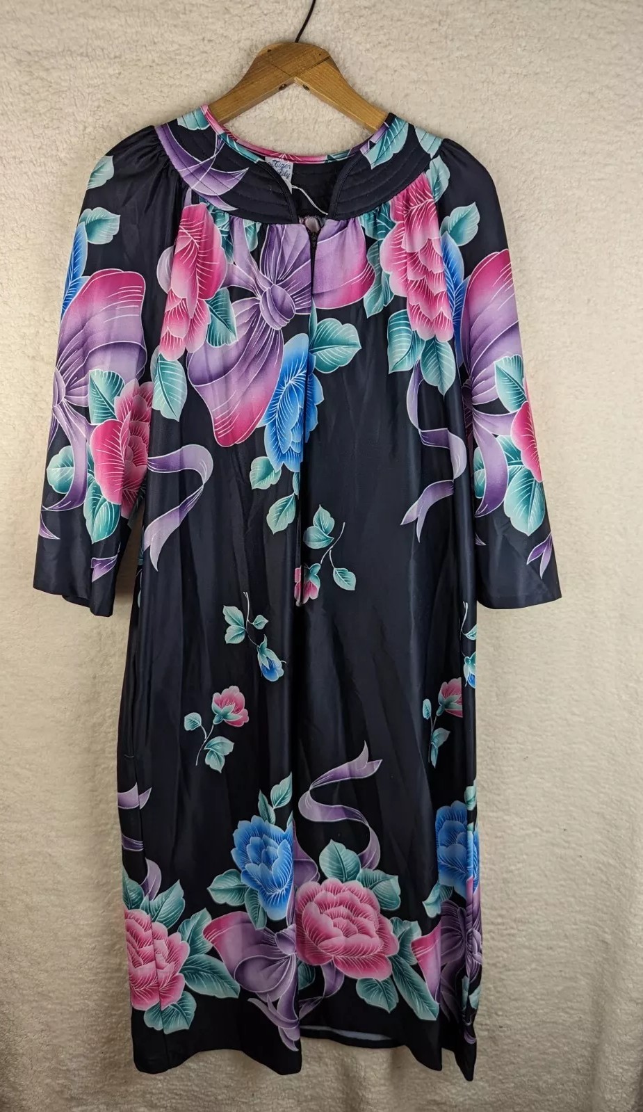 Vtg Poly Floral House Dress One Pocket Tiger Lily Rare Mod Hippie Zip CLOSE