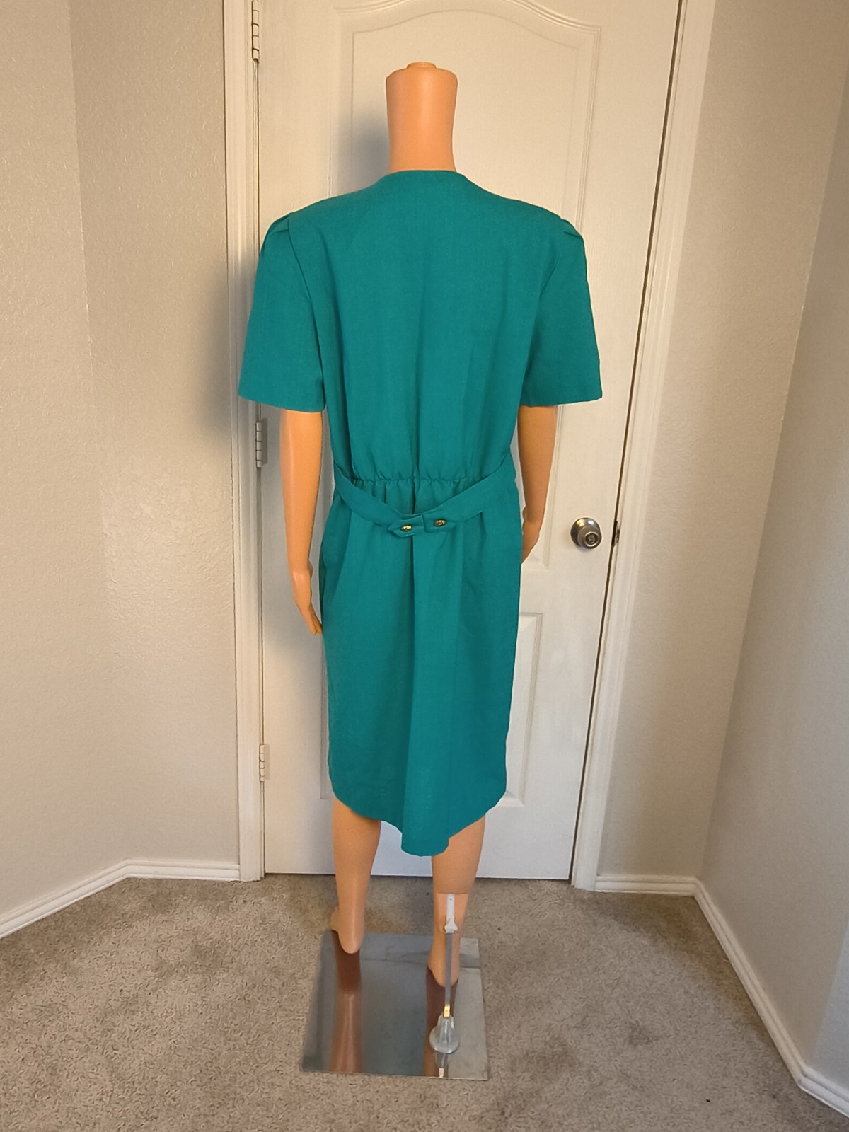 Vintage 90s Pleated Pencil Dress Teal Size 16 Midlength Preppy Stretch Waist P41