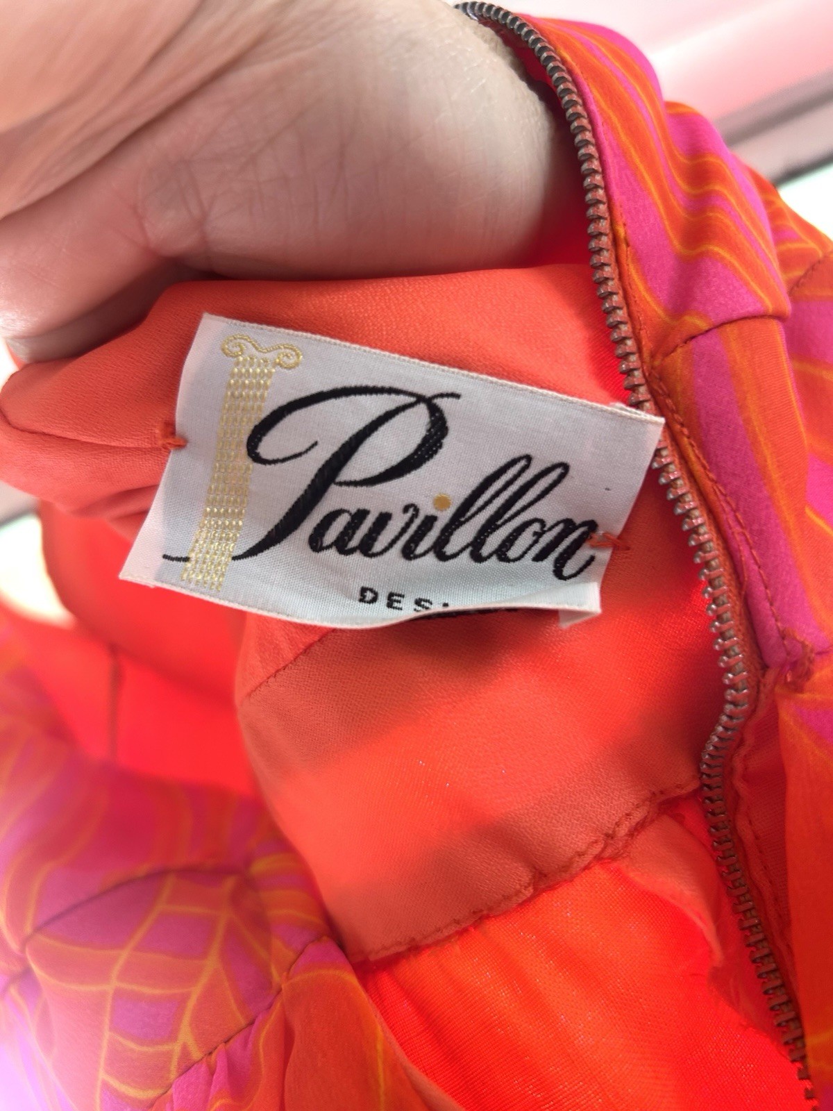Vintage 60s Pavilion for I. Magnin Bright Pink Orange Patterned Maxi Gown