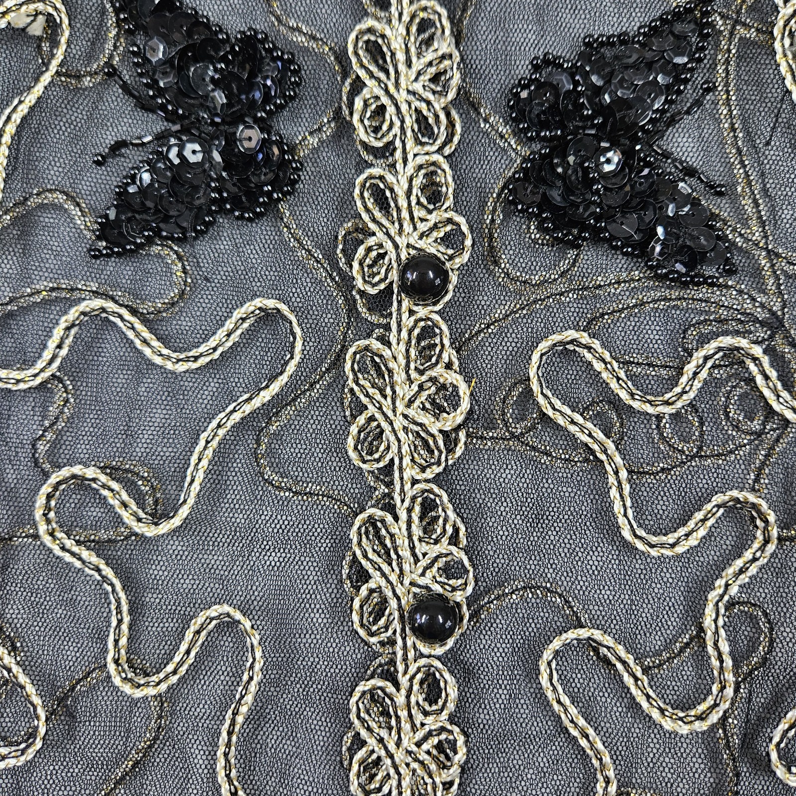 VTG Womens Butterfly 3D Embroidered Sheer Mesh Cardigan Shirt Black Gold No Tag