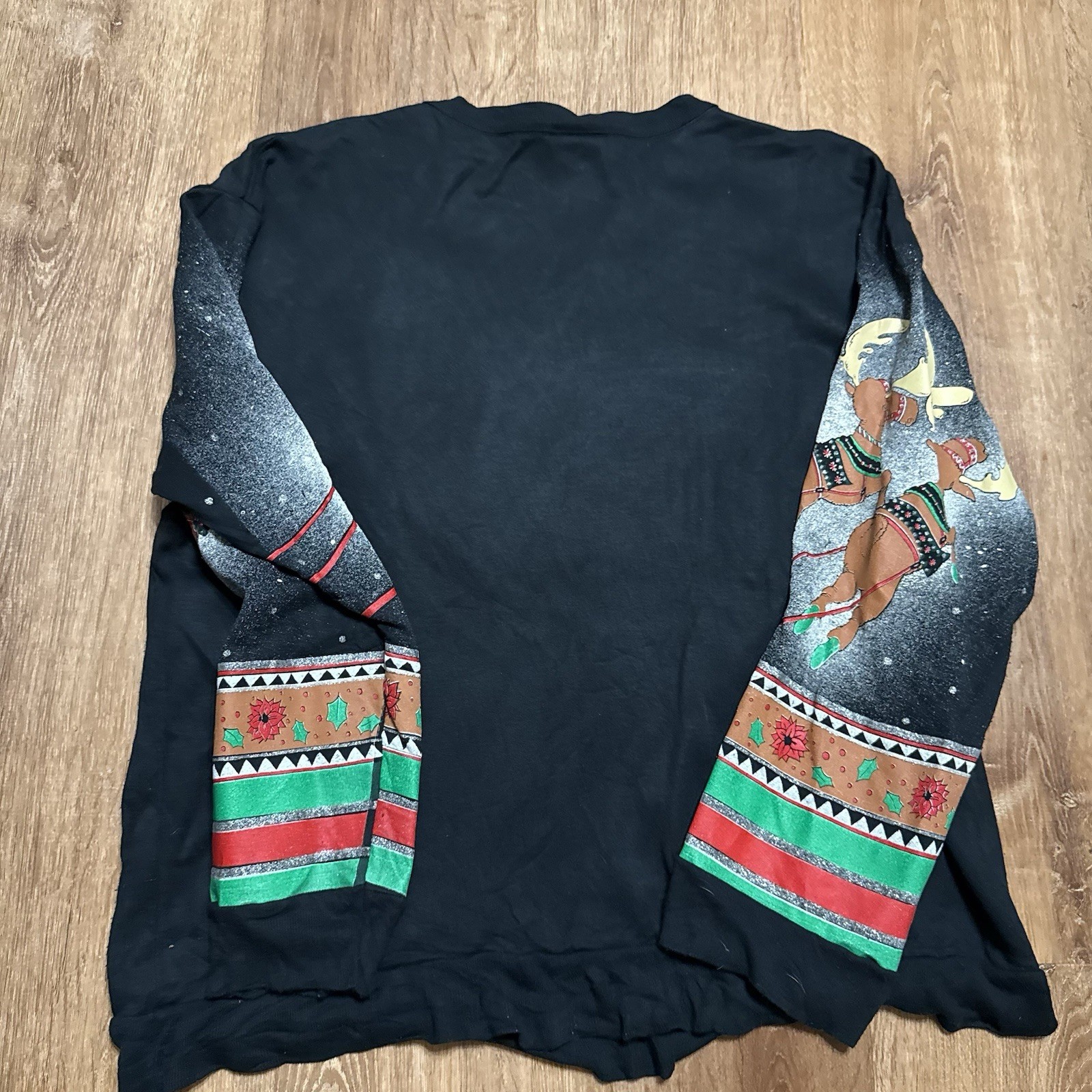 Vintage Large Christmas Pullover Sweater Black FULL Front Santa Claus Graphic