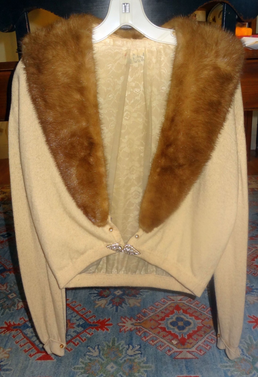 1950’s Pringle Scotland Cashmere Cardigan Mink Fur Collar Yellow Royal Warrant