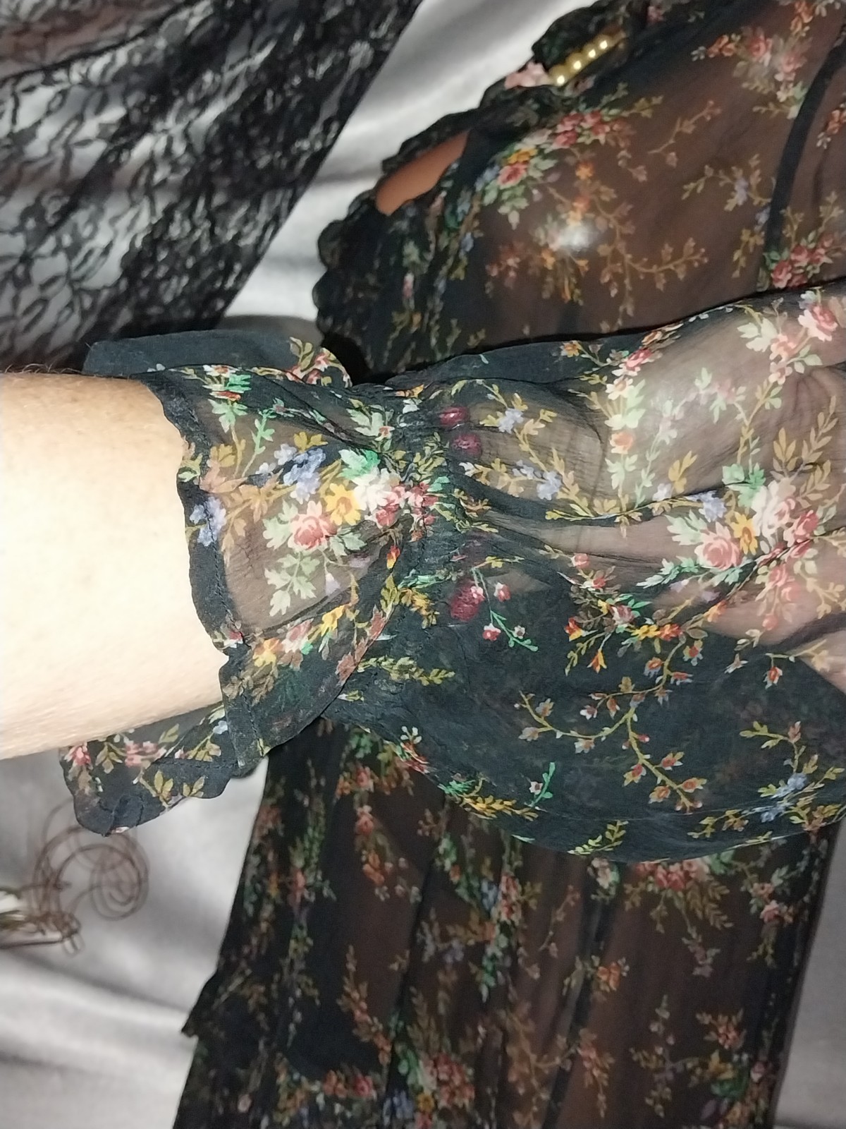 Vtg Silky Nylon Viscose CHIFFON Jade Floral Opaque Ruffles Poets Nightgown 48″