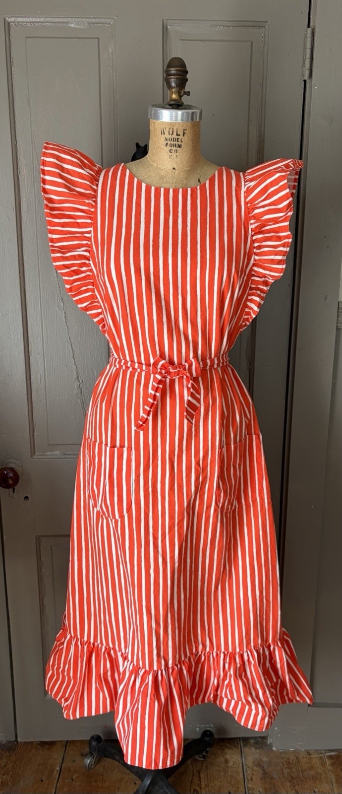 Vintage 1960s 1970s Marimekko Mariessu Red White Piccolo Stripe Apron Dress S