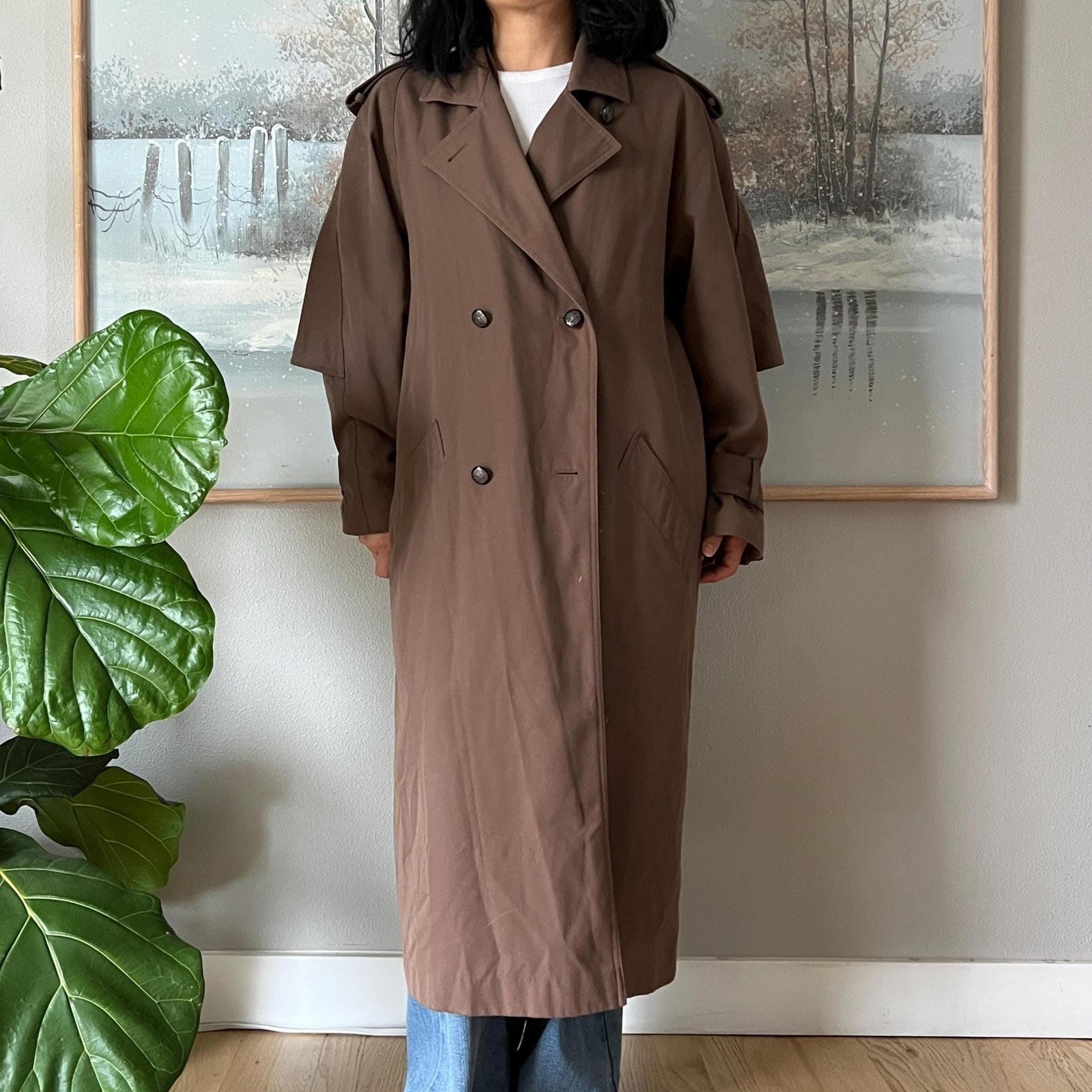 Vintage Brown Trench Coat Minimalist Long Coat Classic Oversized 90s Chic