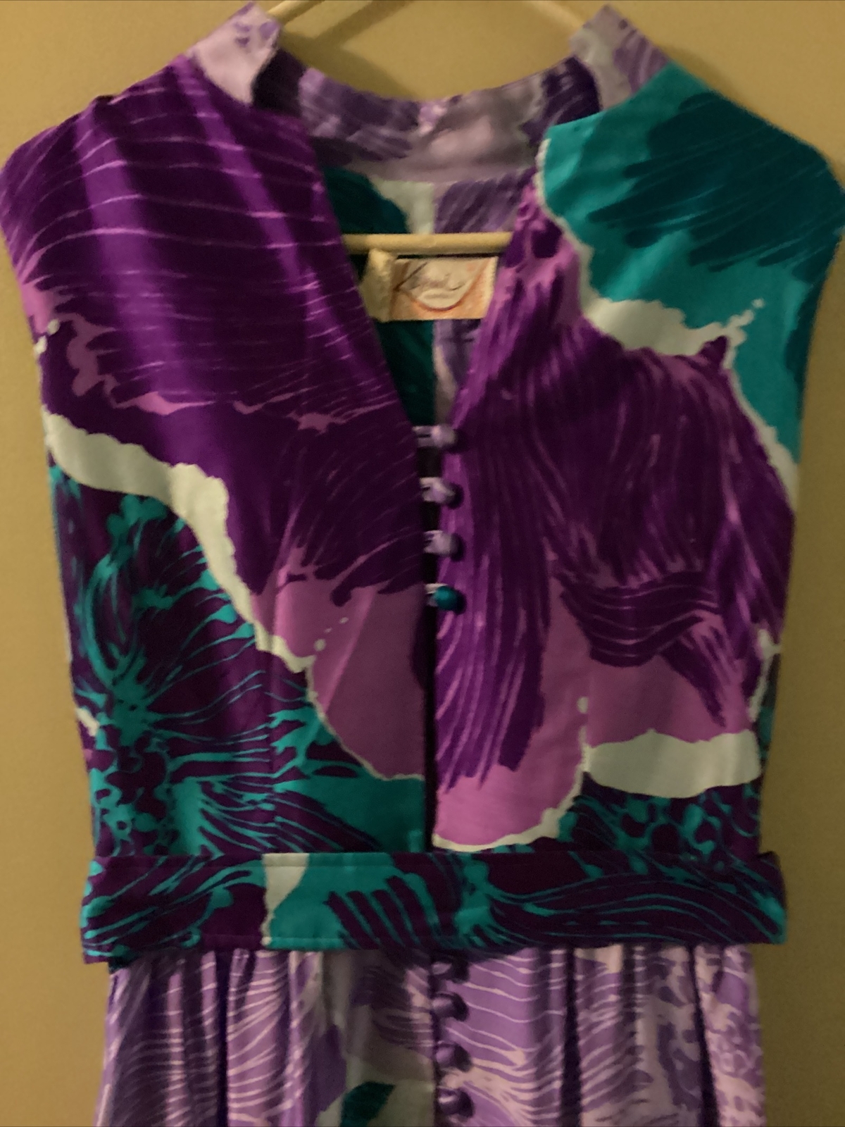 VTG Kiyomi Hawaii Maxi Dress Purples & Blues Button Front Belt Sleeveless Sz 12