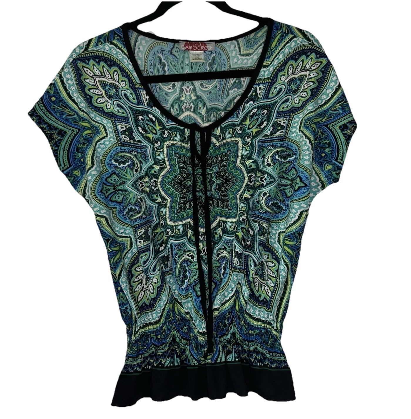 Vtg Carol Rose Peplum Top Blouse Petite Med Teal Lime Black Paisley Boho Peasant