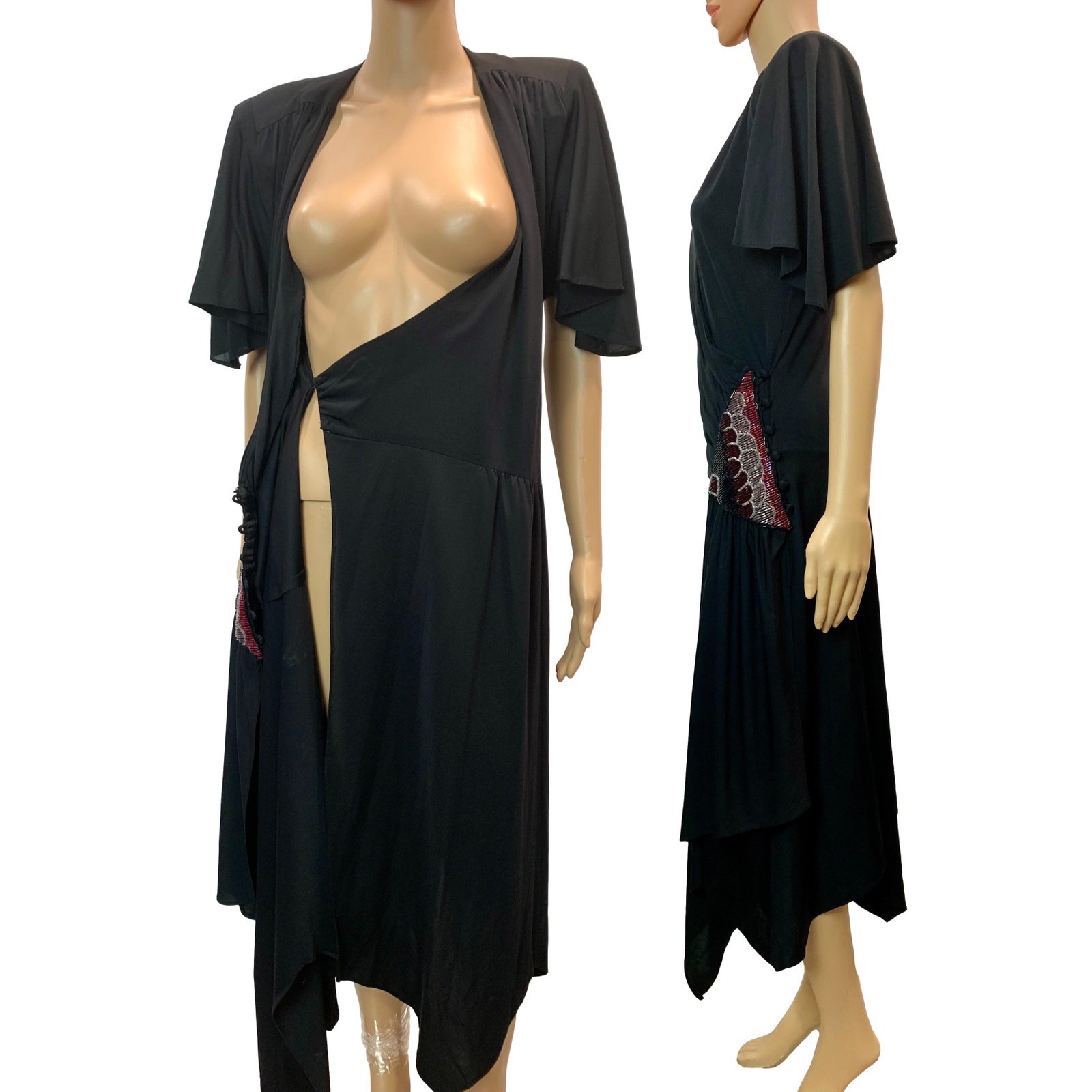Vintage Vijack Black Beaded Wrap Dress | Nancy Bracoloni 70s 80s Scarf Hem | S