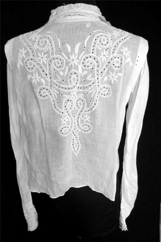 EXCEPTIONAL RARE FRENCH VICTORIAN WHITE COTTON HAND EMBROIDERED BLOUSE SIZE 6