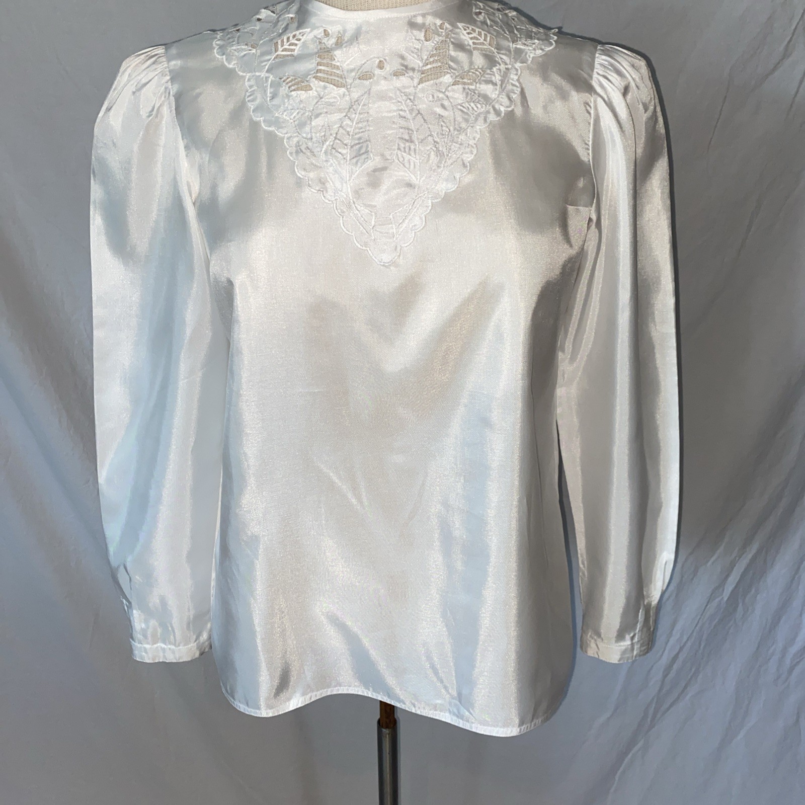 Vintage Nilani White Satin Blouse Buttons In Back Lite Shoulder Pads S/M
