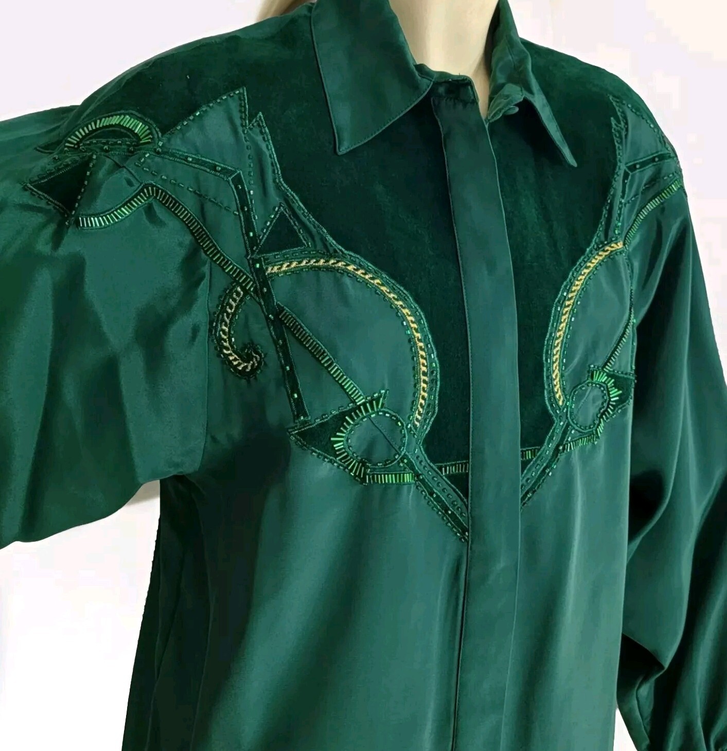VTG Western Cowgirl Rodeo Baroque Sequin Suede Beaded Embroidery Blouse Green M