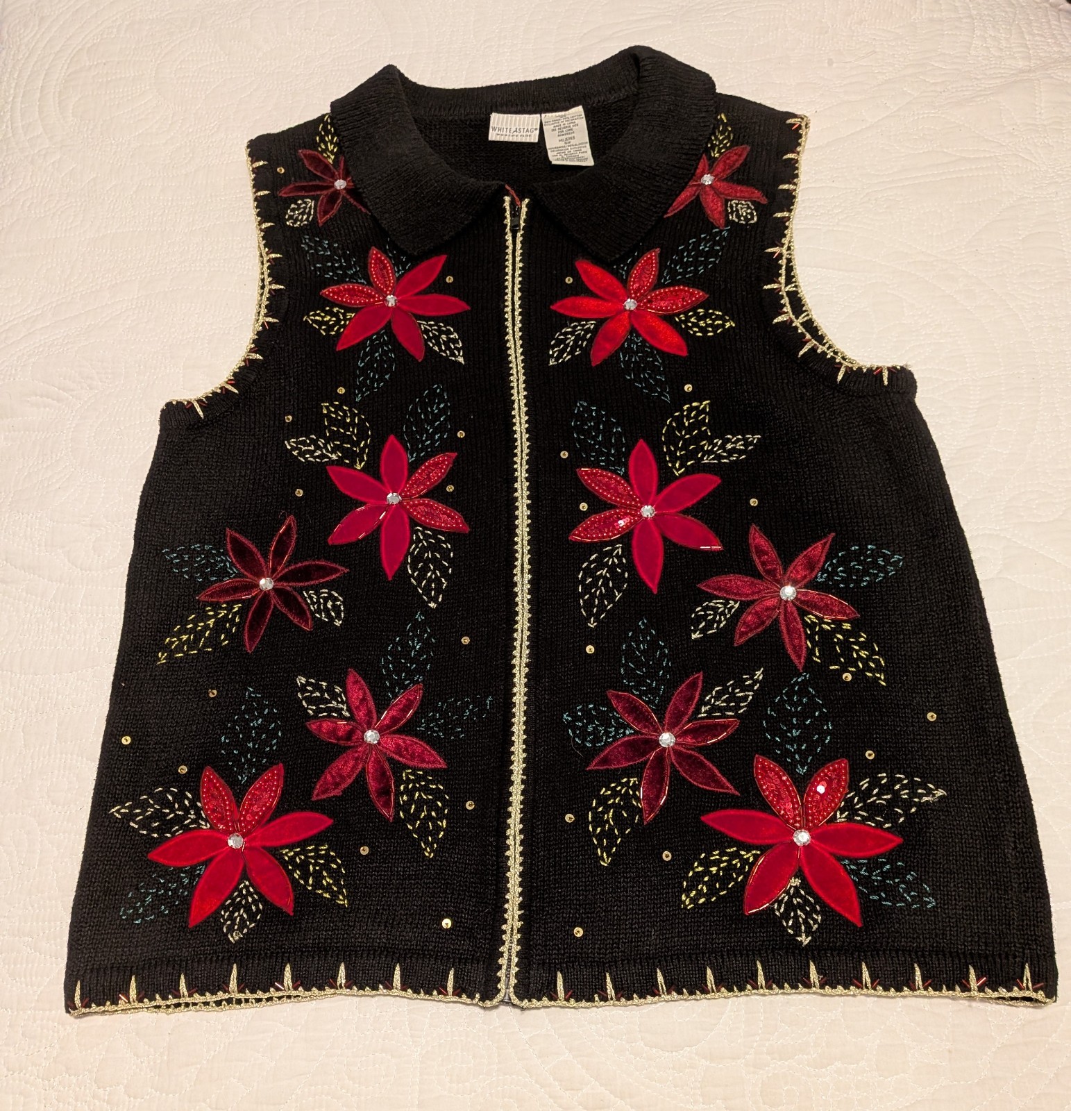 Green Gold Metallic Poinsettias Vest Fabric Panel Merry Christmas