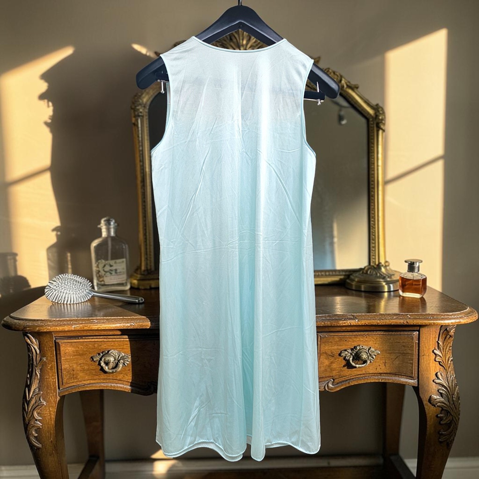 VTG Lorraine Nightgown MD Mint Seafoam Peach Color Block Sleeveless Nylon Sheer