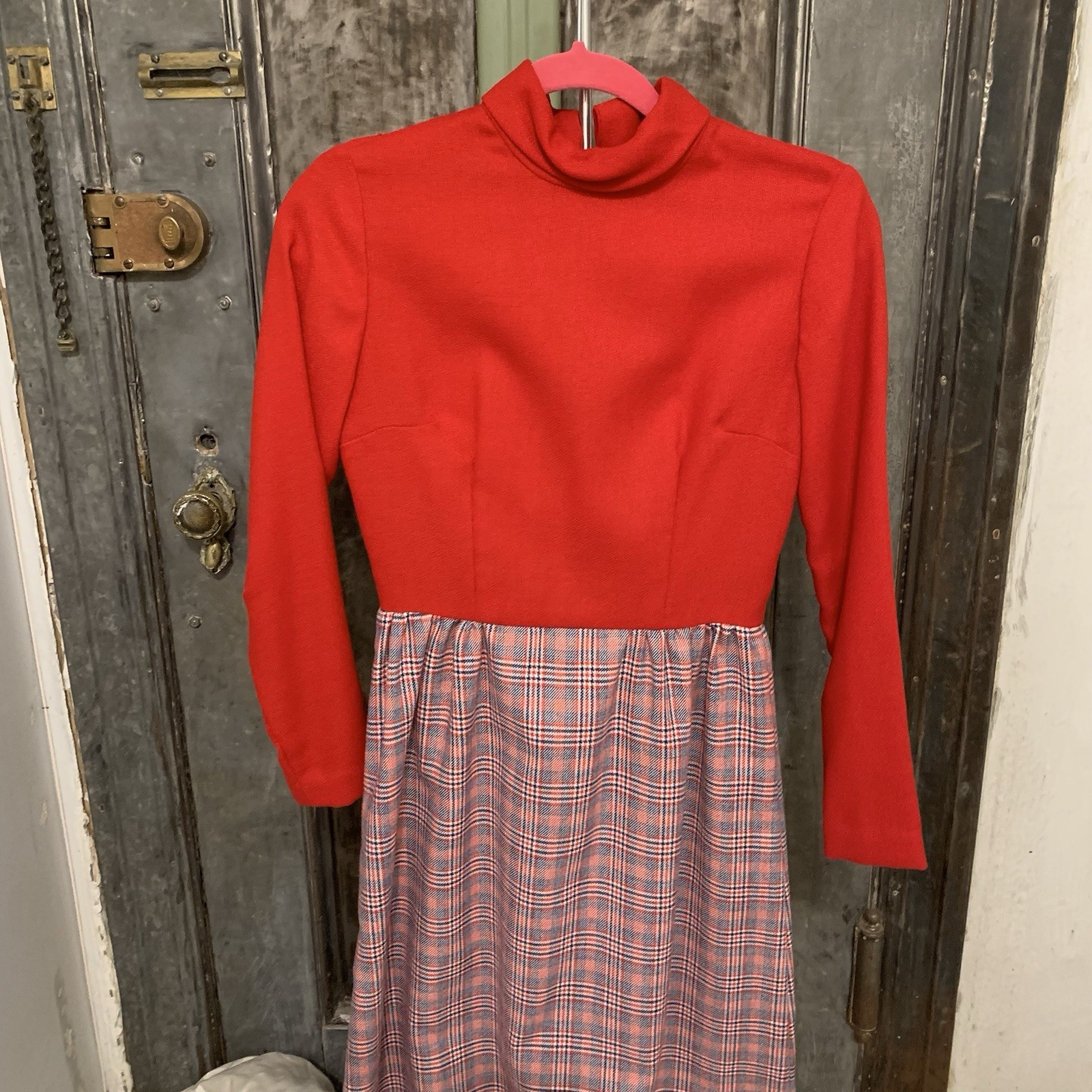 S Vintage 60s 70s long sleeve hostess dress mid century mod red white blue plaid