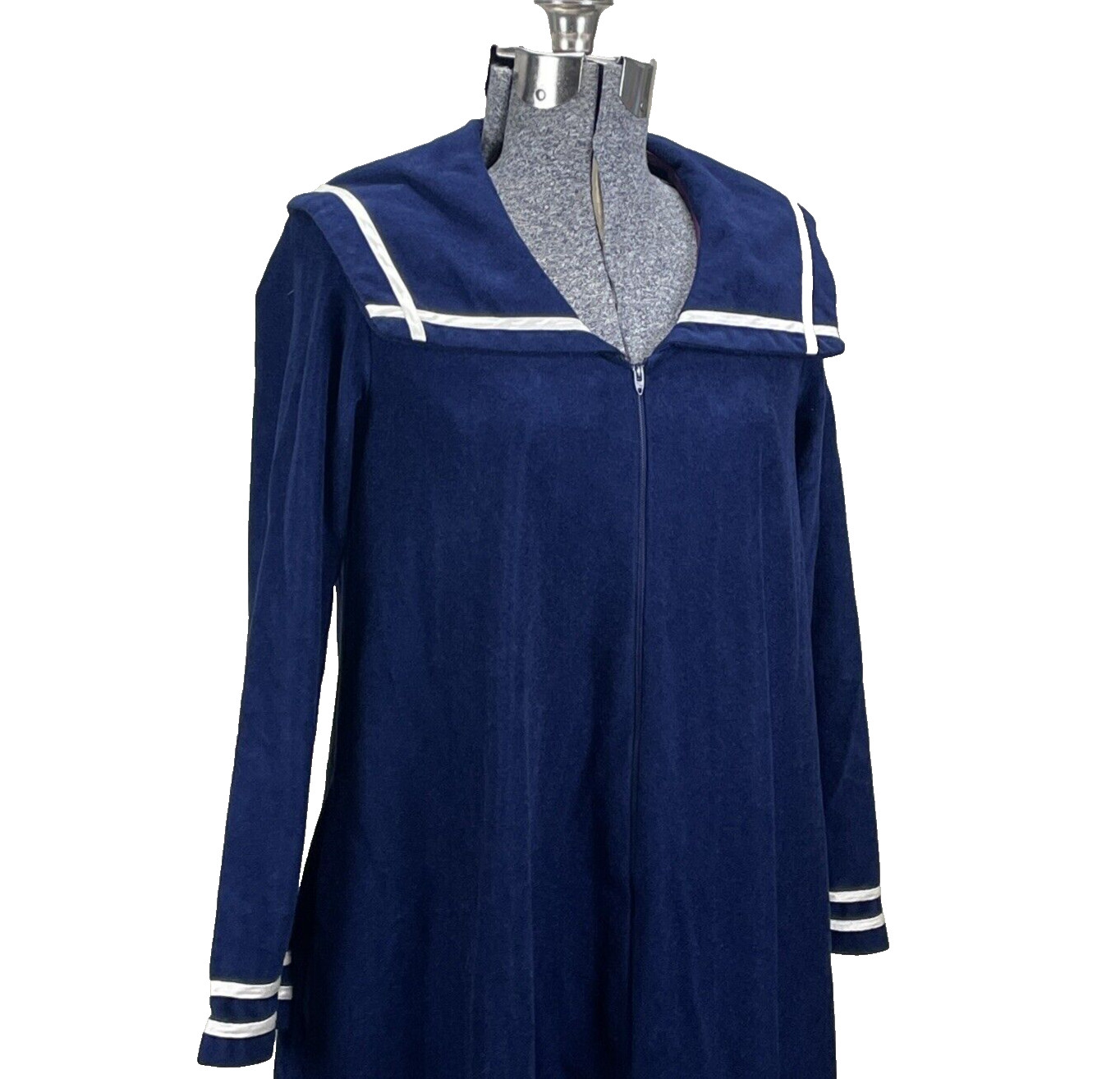 Vintage Tres Belle Navy Blue Velour Robe Size XS Nautical Sailor Half Zip