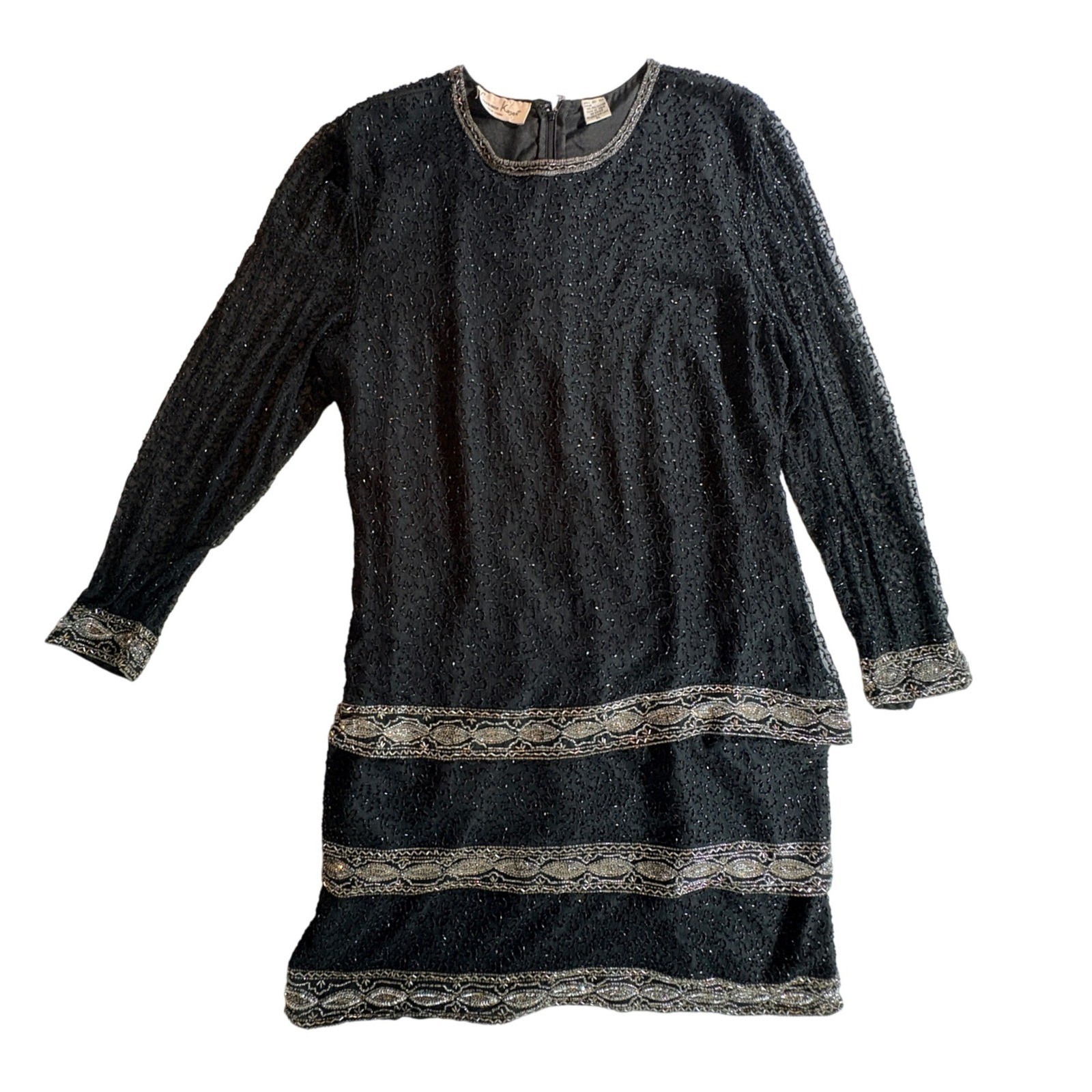 Laurence Kazar Beaded Silk Dress Womens XL Black Silver Sequin Vintage Cocktail