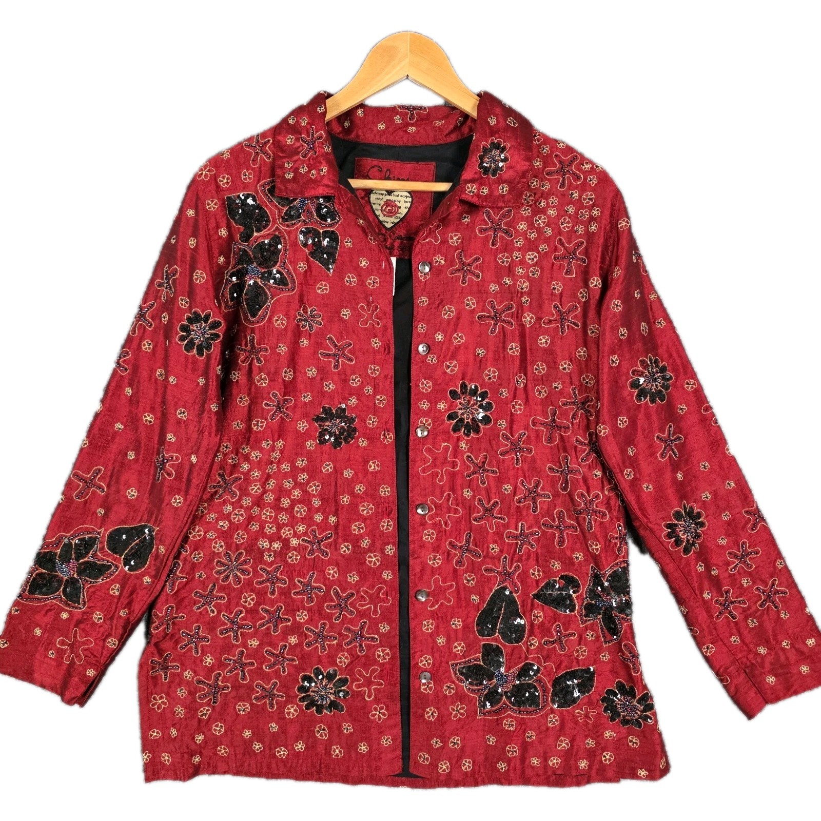 Chicos Dupioni Silk Beaded Shirt Womens XL Red Asian Art To Wear Sequin Vintage