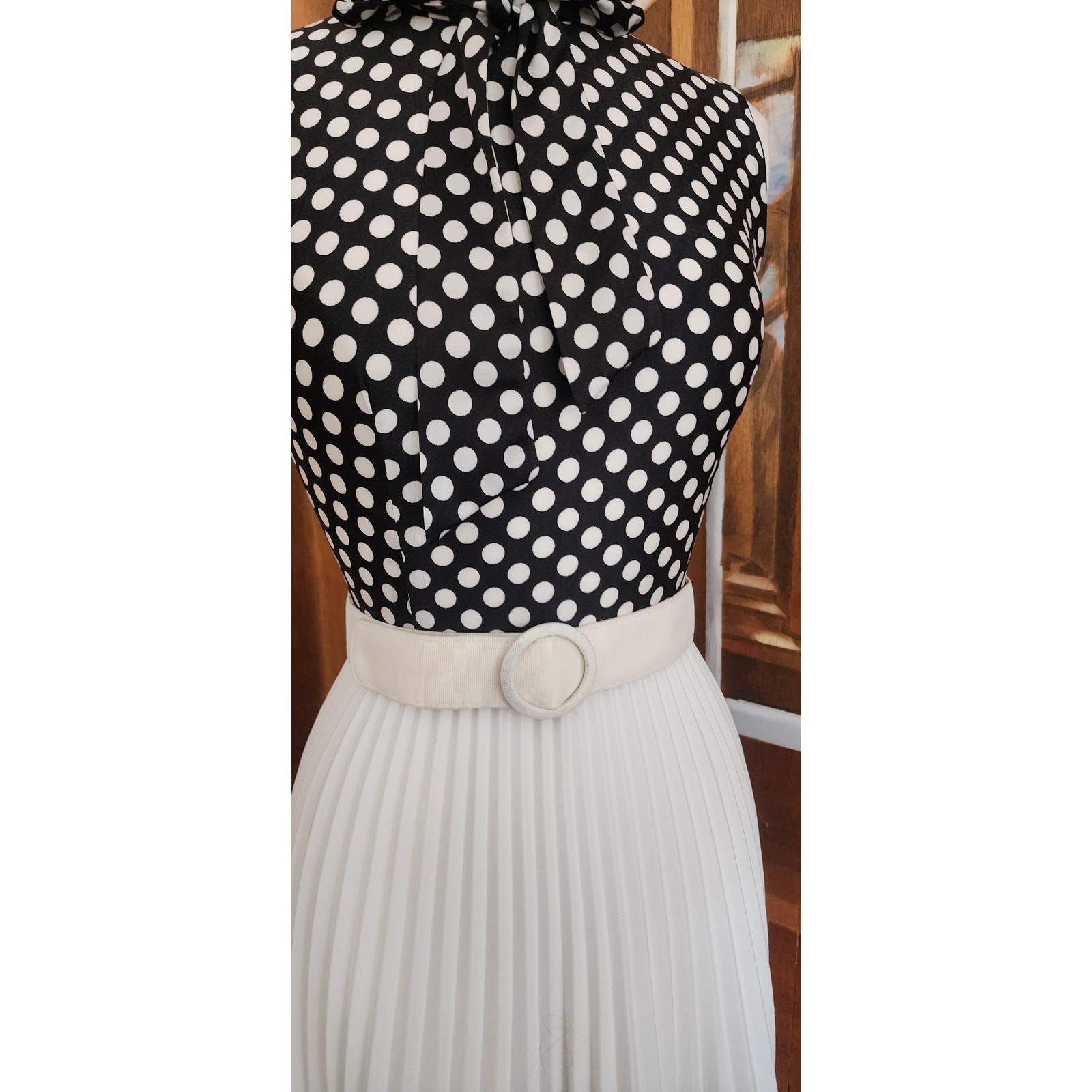 Vintage 1970s Maxi Dress Polkadot Print Pleated Skirt Black White Belted / S
