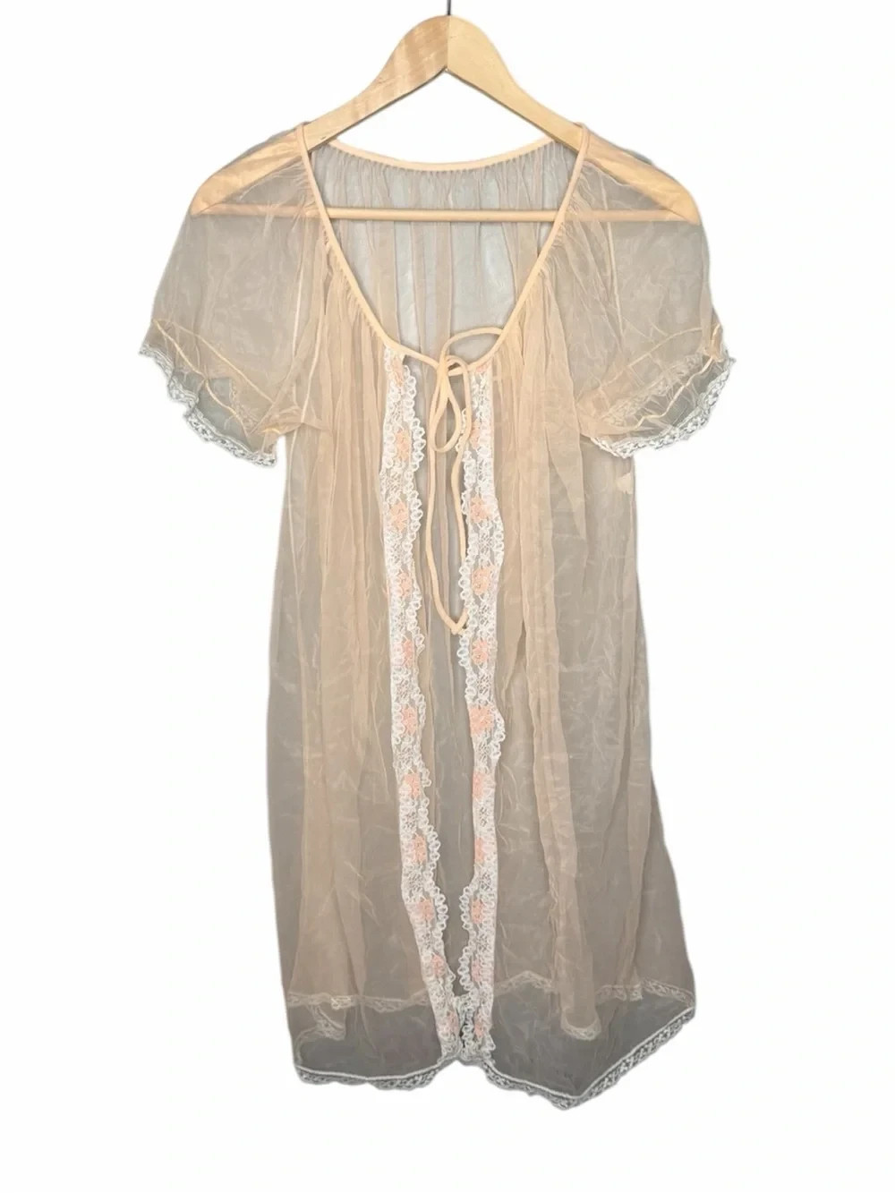 Vintage Nylon Mesh Lace Lined Tie Front Robe, Peaches and Cream OS