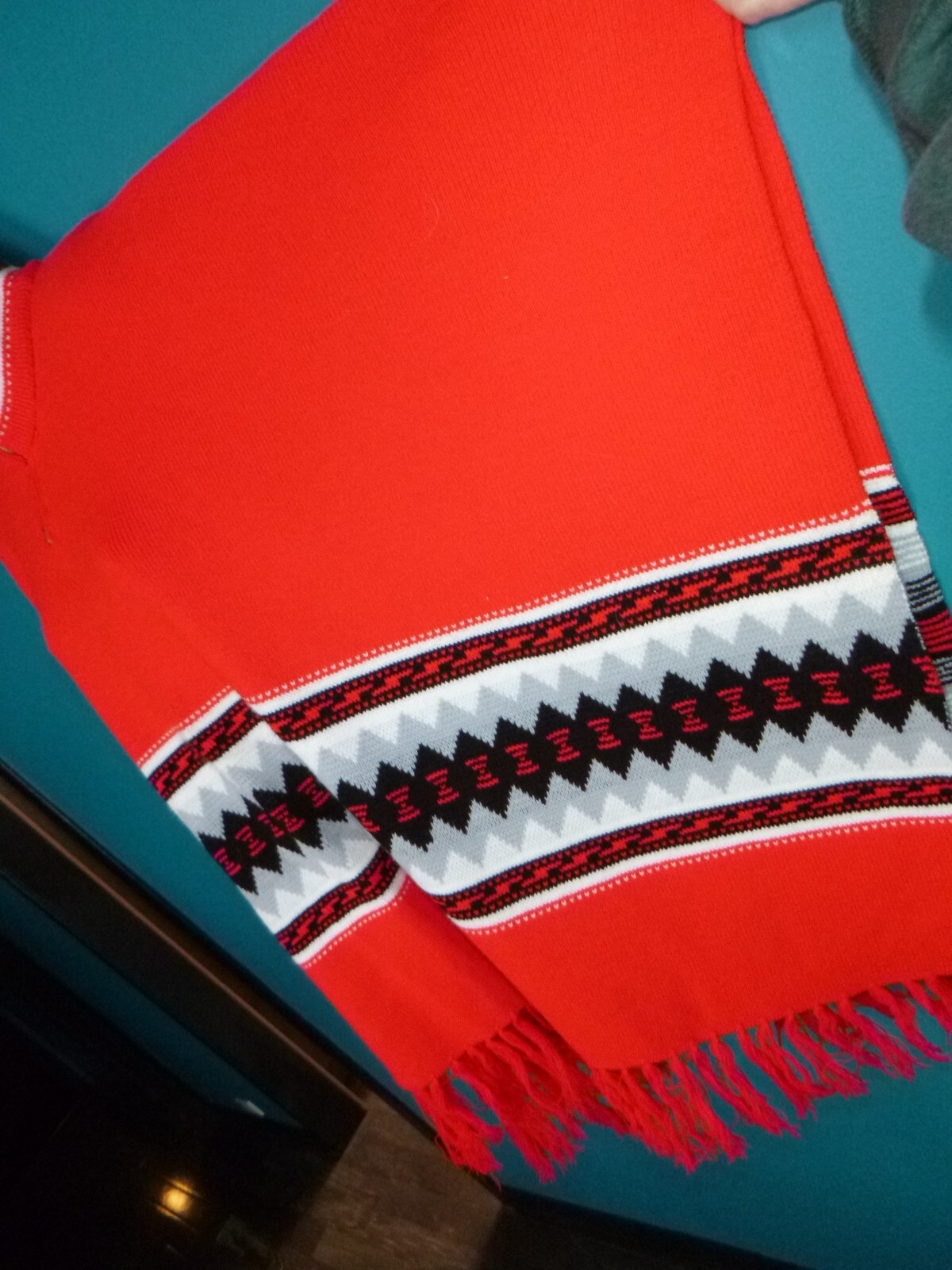 Vtg 60s Acrylic Knit Fringed Poncho Serape Red Gray Black Geometric