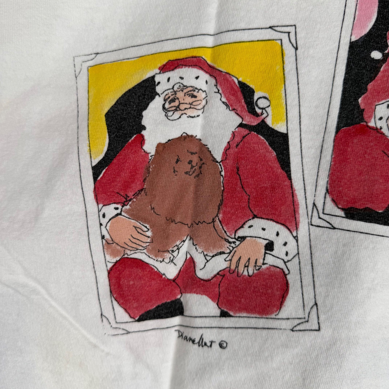 Vintage Diane Wat Hand Painted Christmas Dogs Santa T-Shirt White One Size