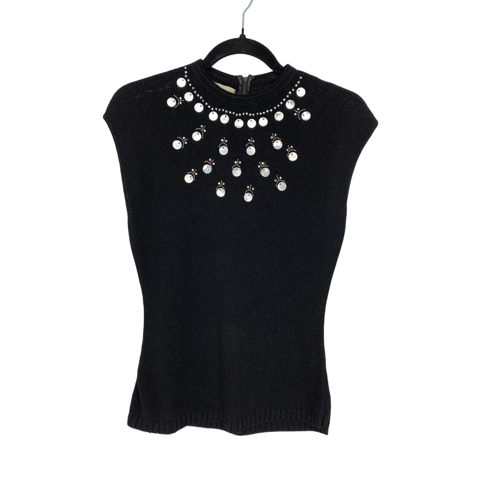 Vintage Lasso Scotland Cap Sleeve Embellished Sweater Top Womens Sz S Black