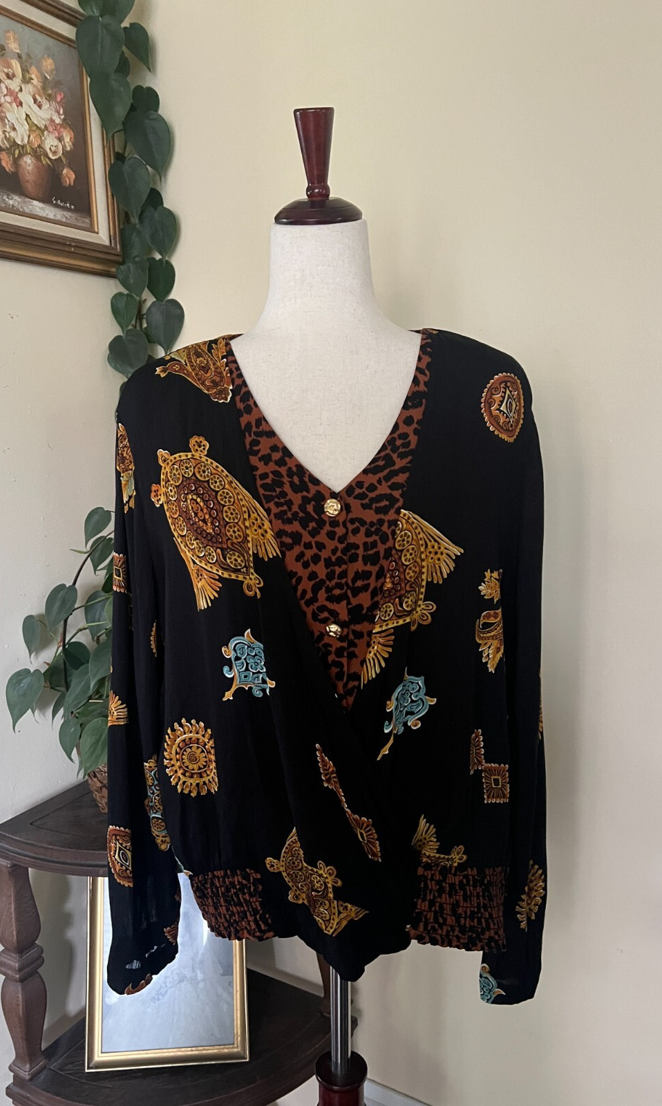 Vintage Ms Interpret New York Top and Skirt Set sz L Black Animal Print