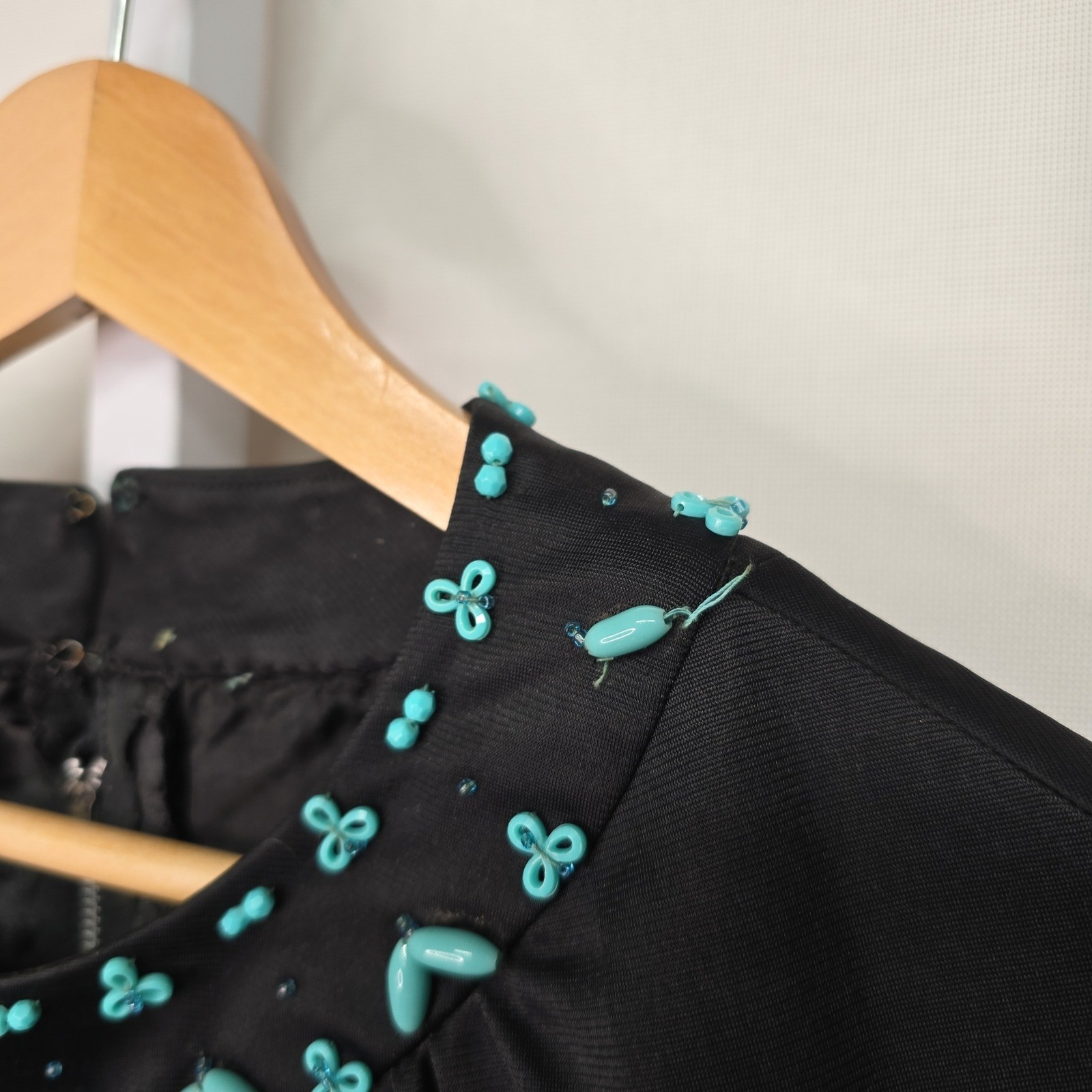 Vintage Black Sleeveless Mini Dress Turquoise Beaded Neckline Mod Cocktail