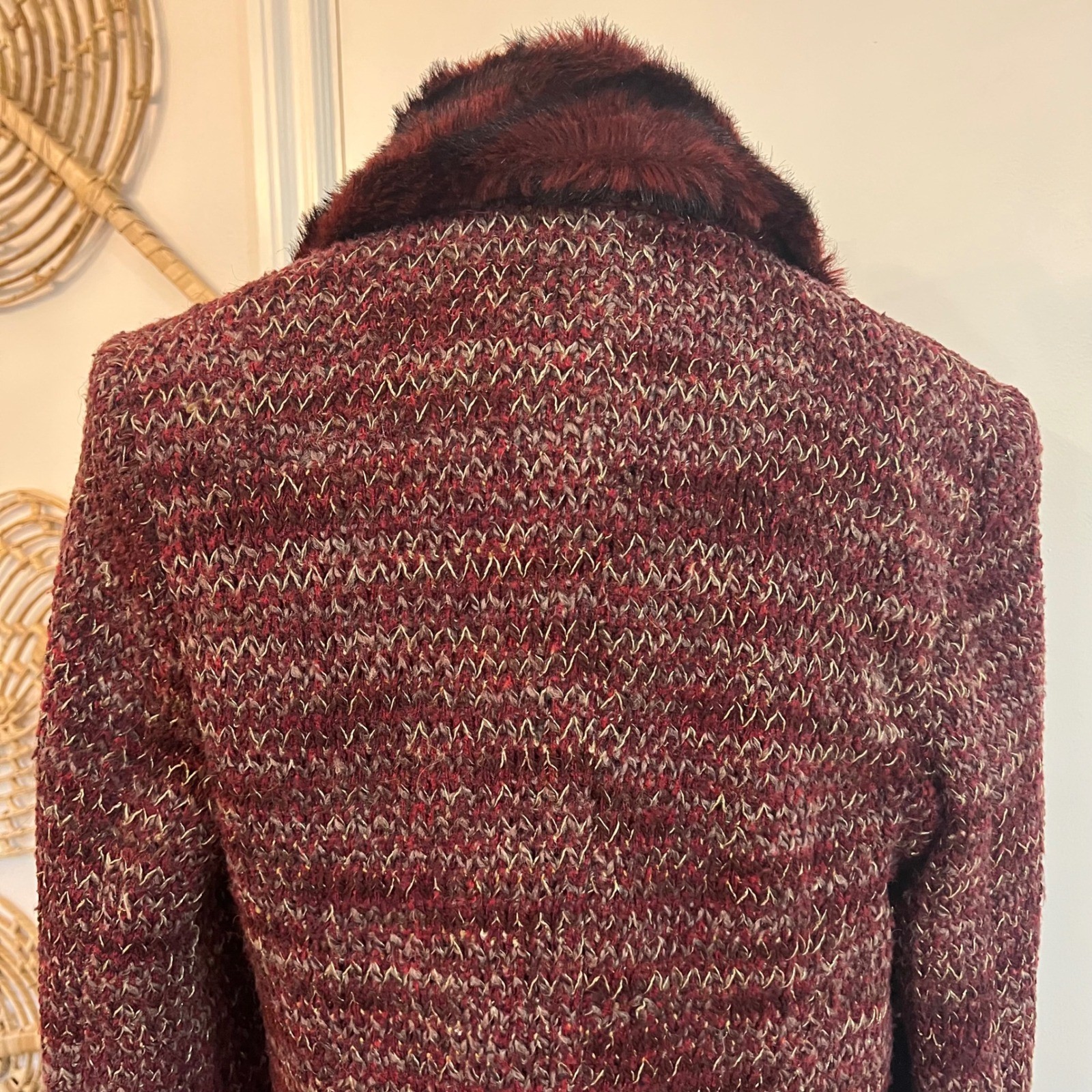 Rare 90s Sui by Anna Sui Italy Faux Fur Collar Long Tweed Coat Whimsigoth IT 44