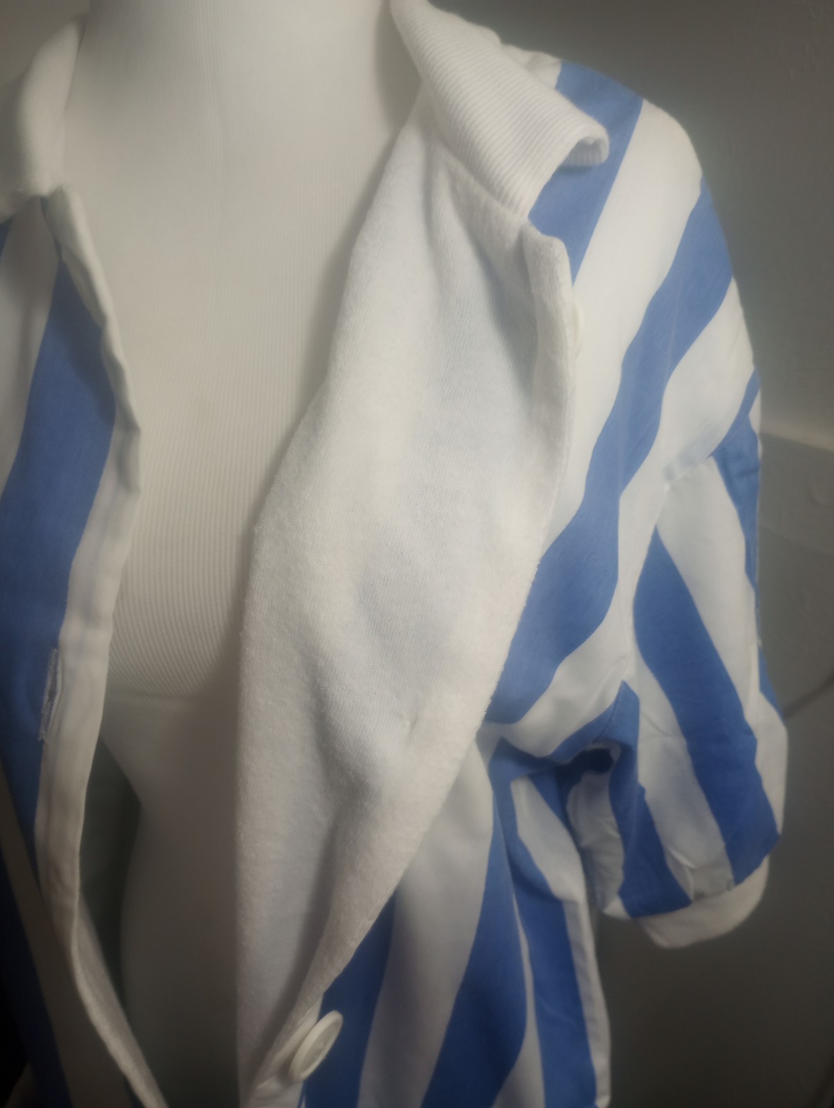 VTG Charm Button Robe Dress Terri Cloth Lining Pockets Beach Cover Stripes Blue