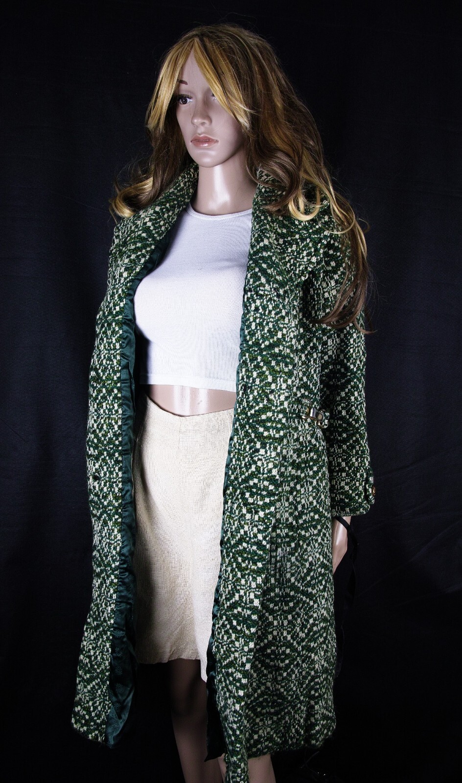 Vtg. Wool Coat Dress Coat Fishelle Green Look Feel Angora Cashmere Silk Sz S