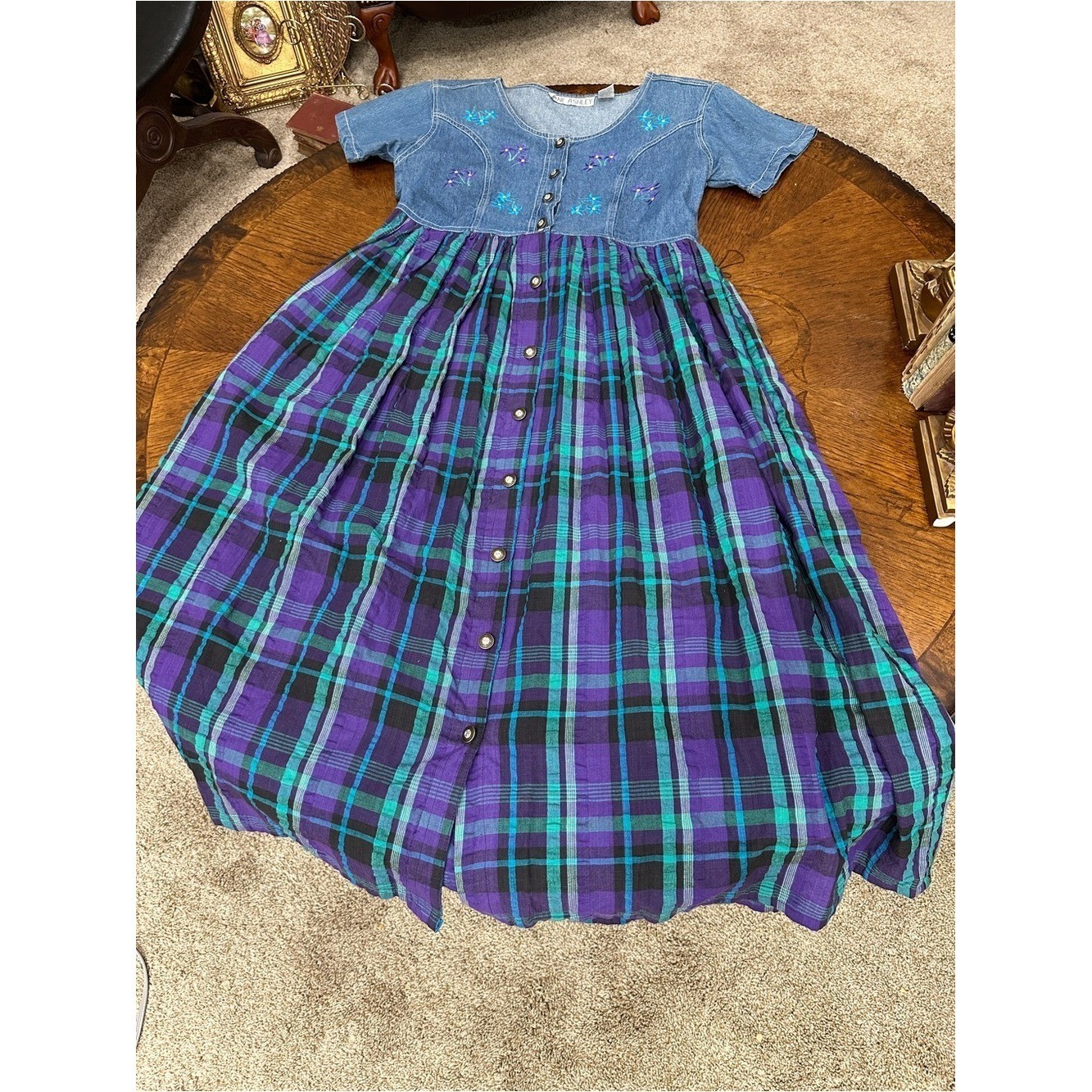 Jane Ashley Denim Plaid Dress size M Vintage Cottagecore Grannycore Boho