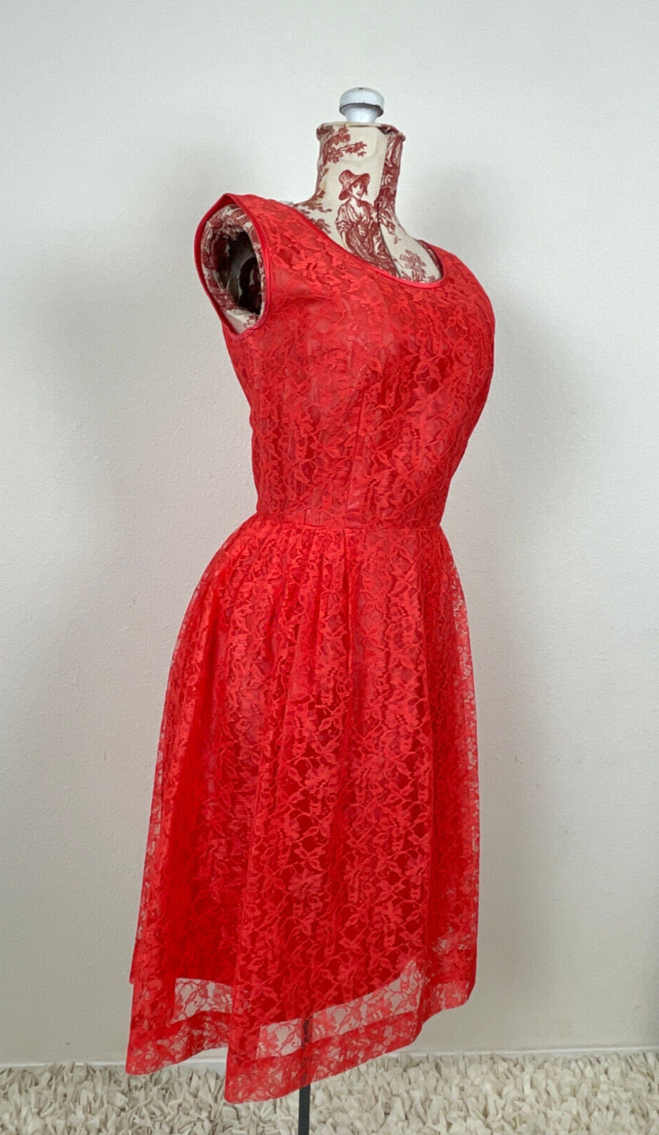 Vtg 50s CORAL LACE Dress J. Harlan Rockabilly Pinup Red Party Sheer Sexy 1950s