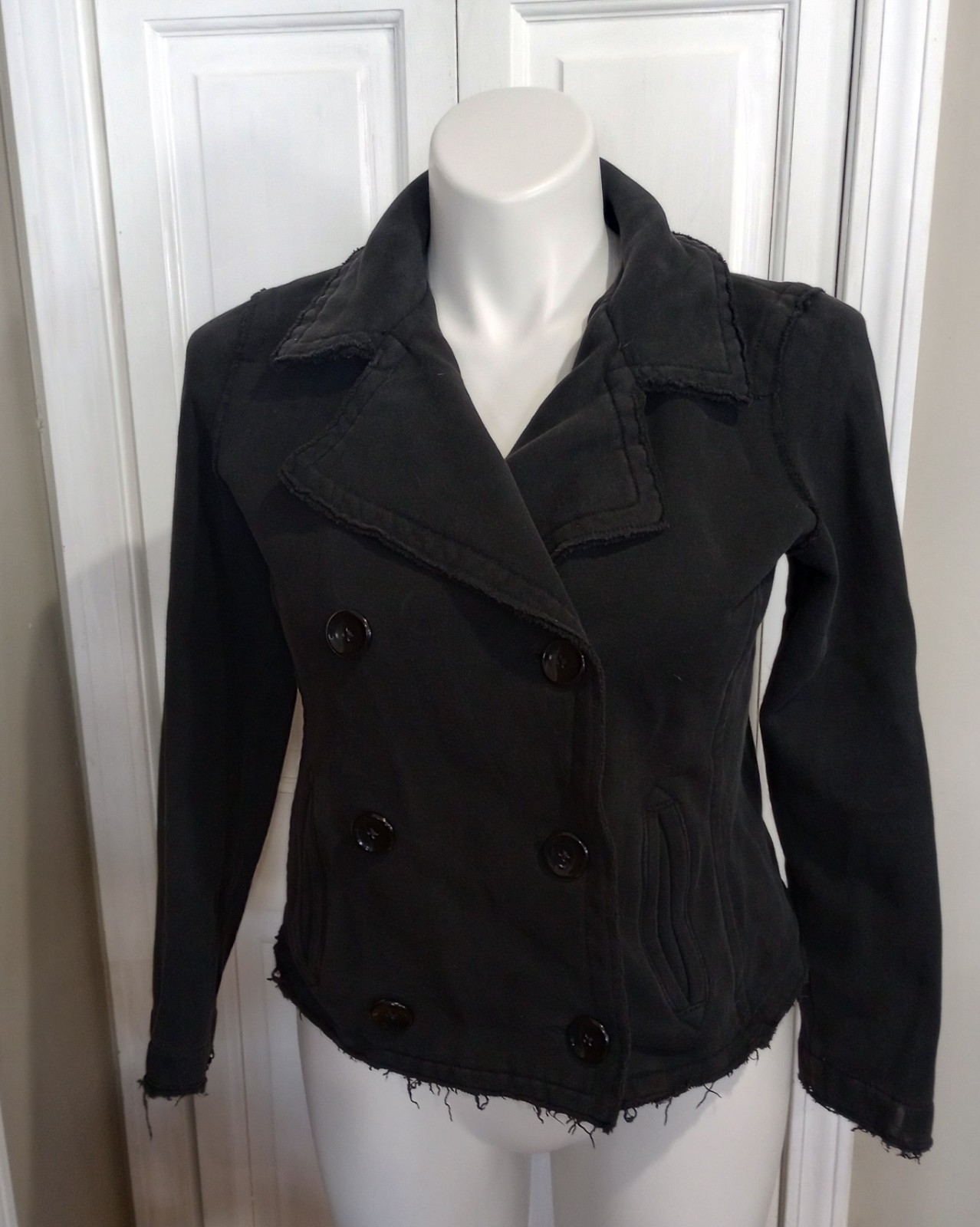 Vintage GAP Cropped Distressed Double Breasted Raw Hem Jacket Sz L Goth Y2K